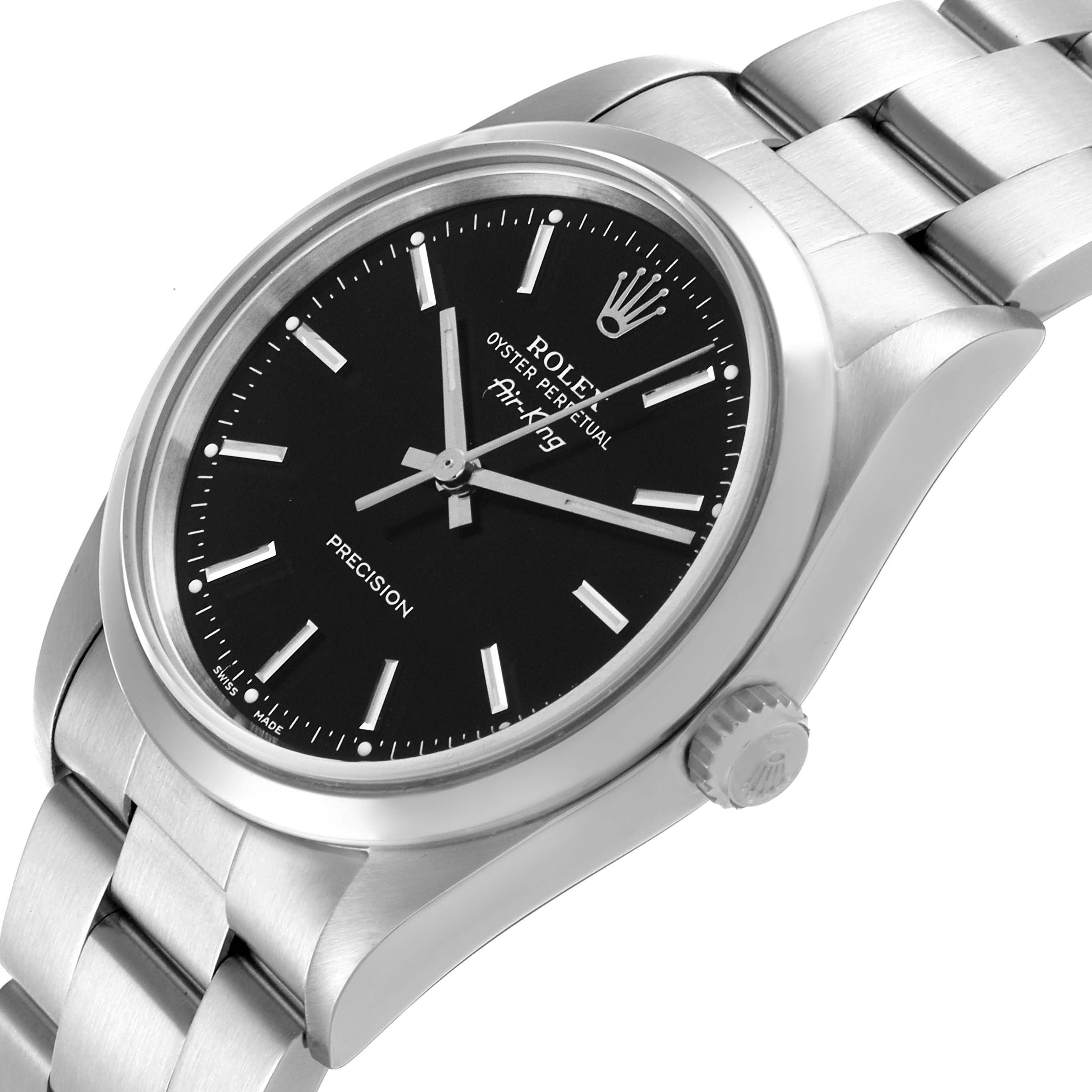 The image shows a side angle of the Rolex Air-King 14000M Men's Stainless Steel Black Dial 14000M Men's Stainless Steel Black Dial, highlighting the watch face, crown, and part of the bracelet.