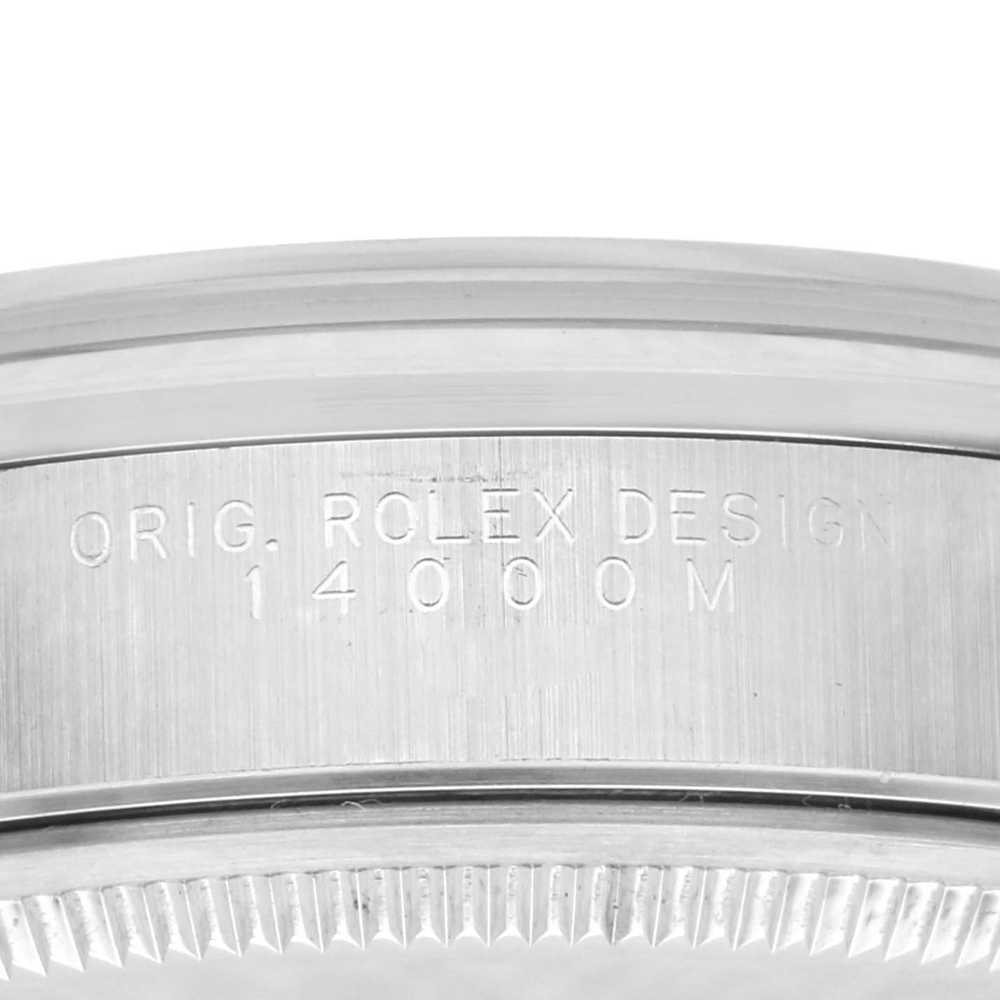 The image shows a close-up of the side of a Rolex Air-King 14000M Men's Stainless Steel Black Dial 14000M Men's Stainless Steel Black Dial, highlighting the engraved model number.