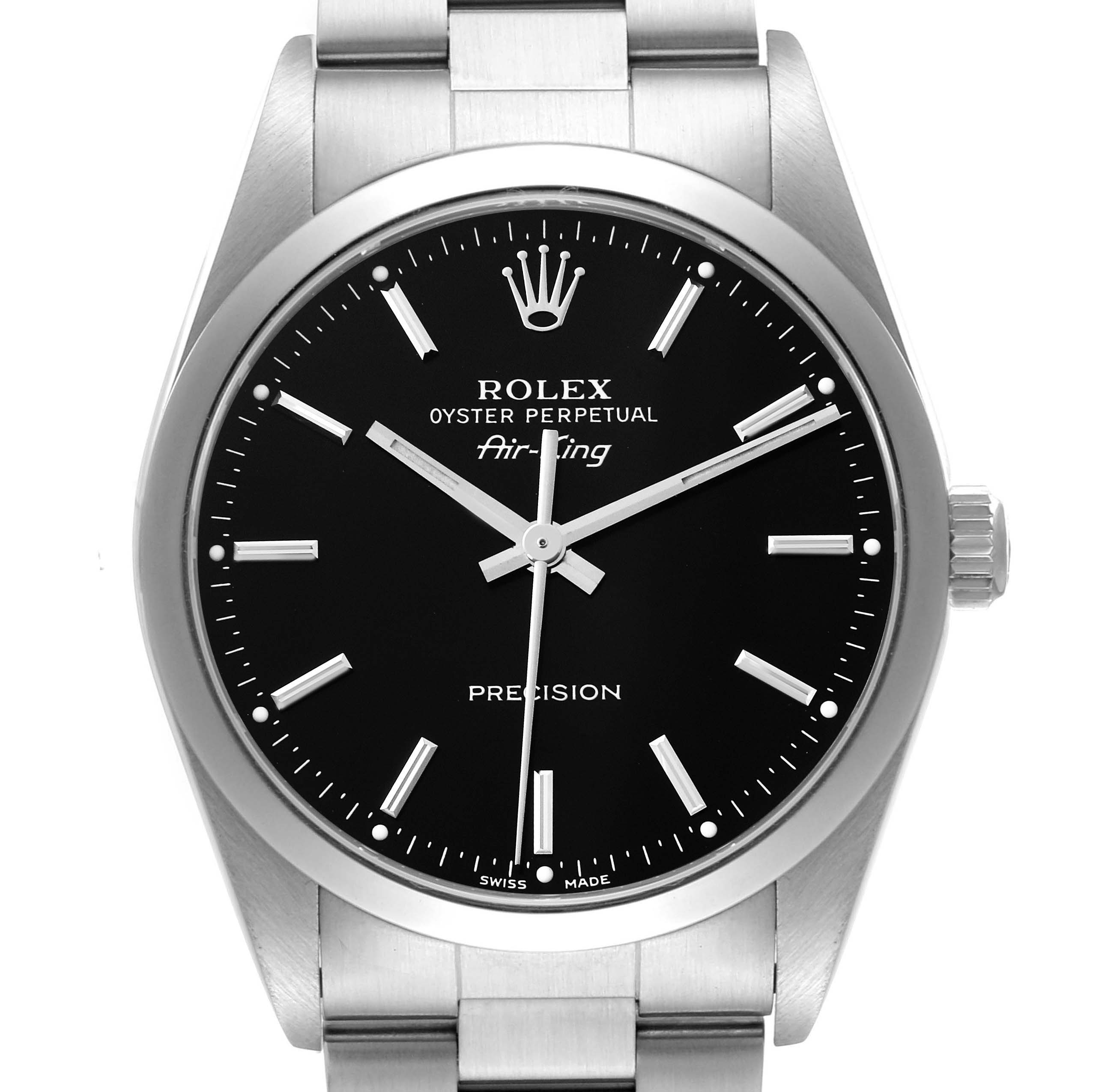 The Rolex Air-King 14000M Men's Stainless Steel Black Dial 14000M Men's Stainless Steel Black Dial watch is shown from the front, displaying its face, bezel, crown, and part of the bracelet.