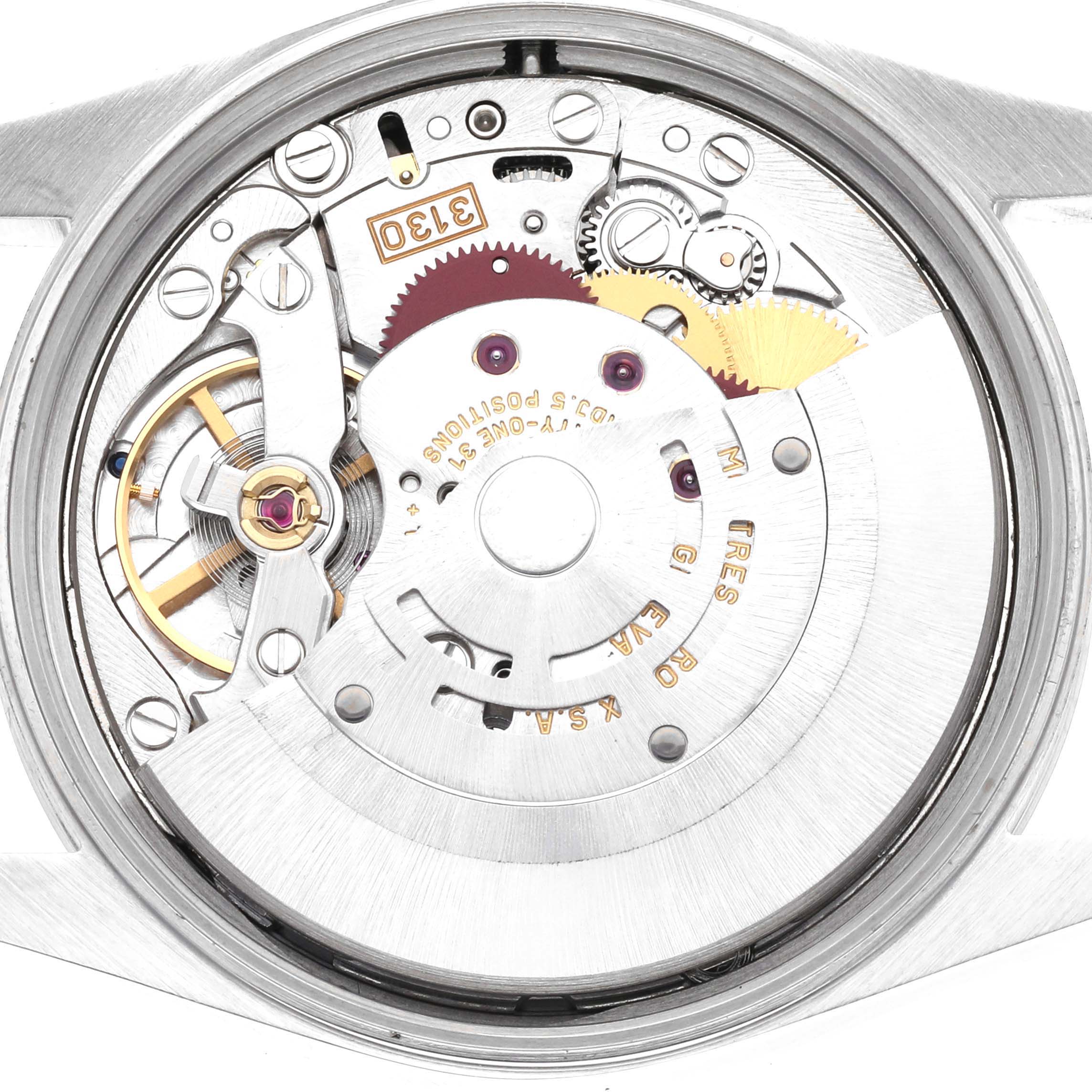 The image shows the back view of a Rolex Air-King 14000M Men's Stainless Steel Black Dial 14000M Men's Stainless Steel Black Dial, revealing its intricate movement mechanism.