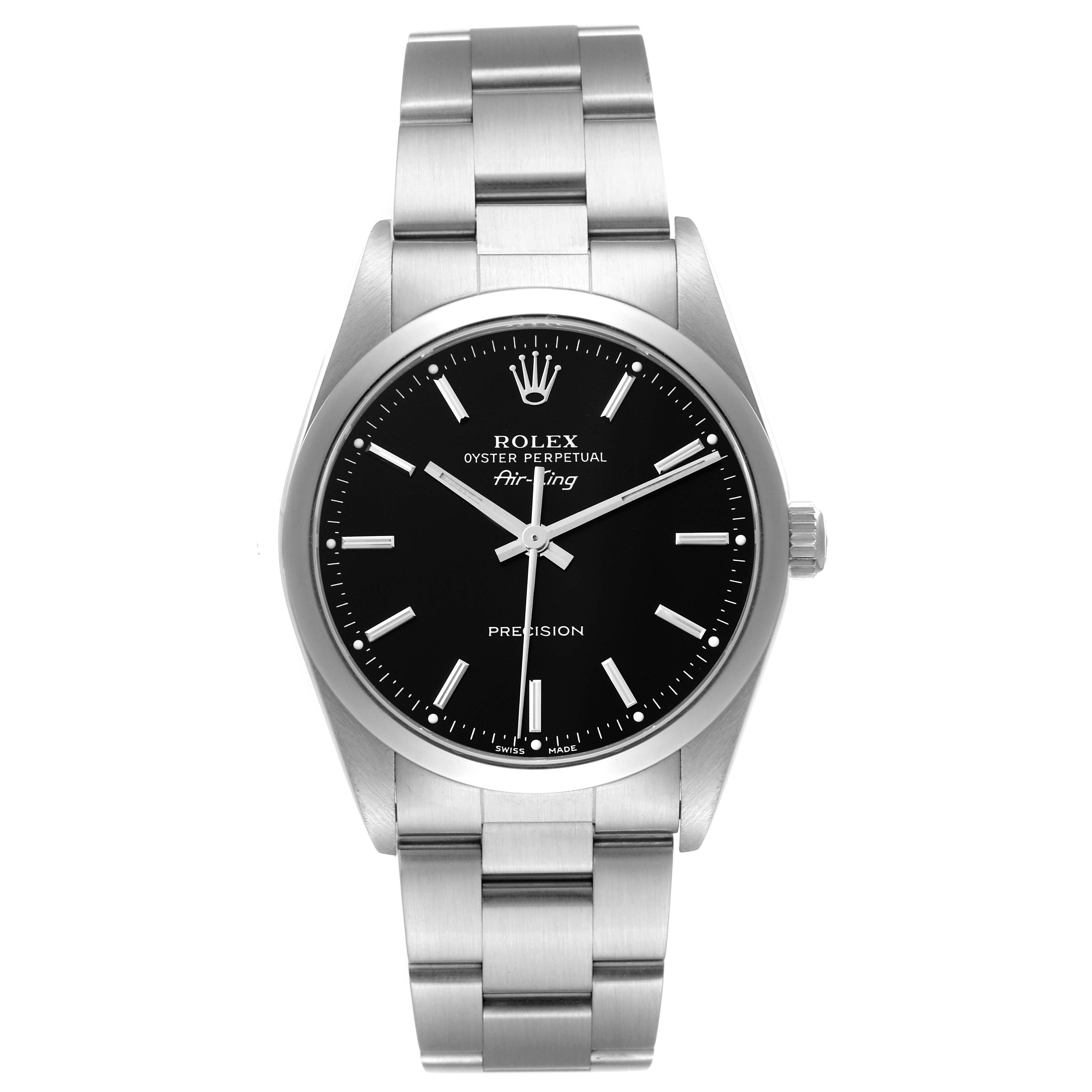 The image shows a front view of the Rolex Air-King 14000M Men's Stainless Steel Black Dial 14000M Men's Stainless Steel Black Dial watch, displaying the dial, bezel, and bracelet clearly.