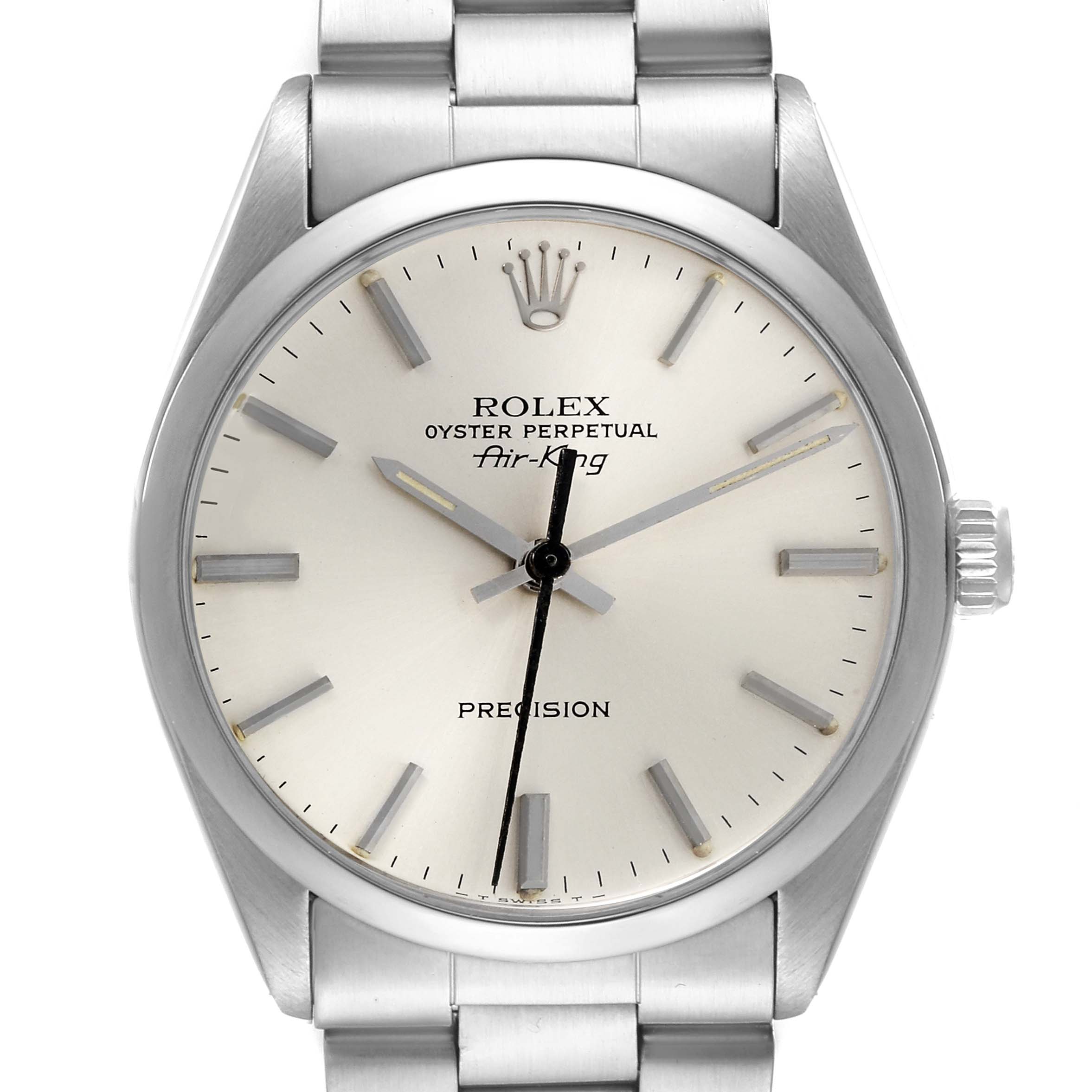 The Rolex Vintage Collection 5500 Men's Stainless Steel Silver Dial 5500 Men's Stainless Steel Silver Dial model Air-King is shown from a front view, highlighting the dial, hands, and crown.