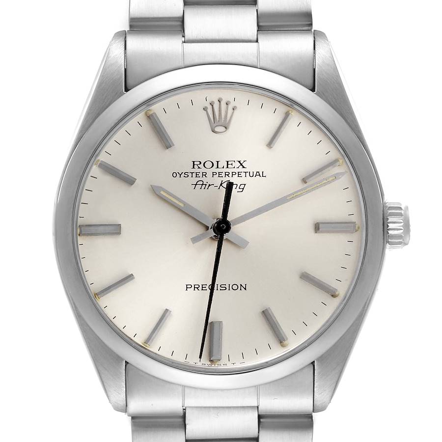 The Rolex Vintage Collection model Air-King is shown from a front view, highlighting the dial, hands, and crown.