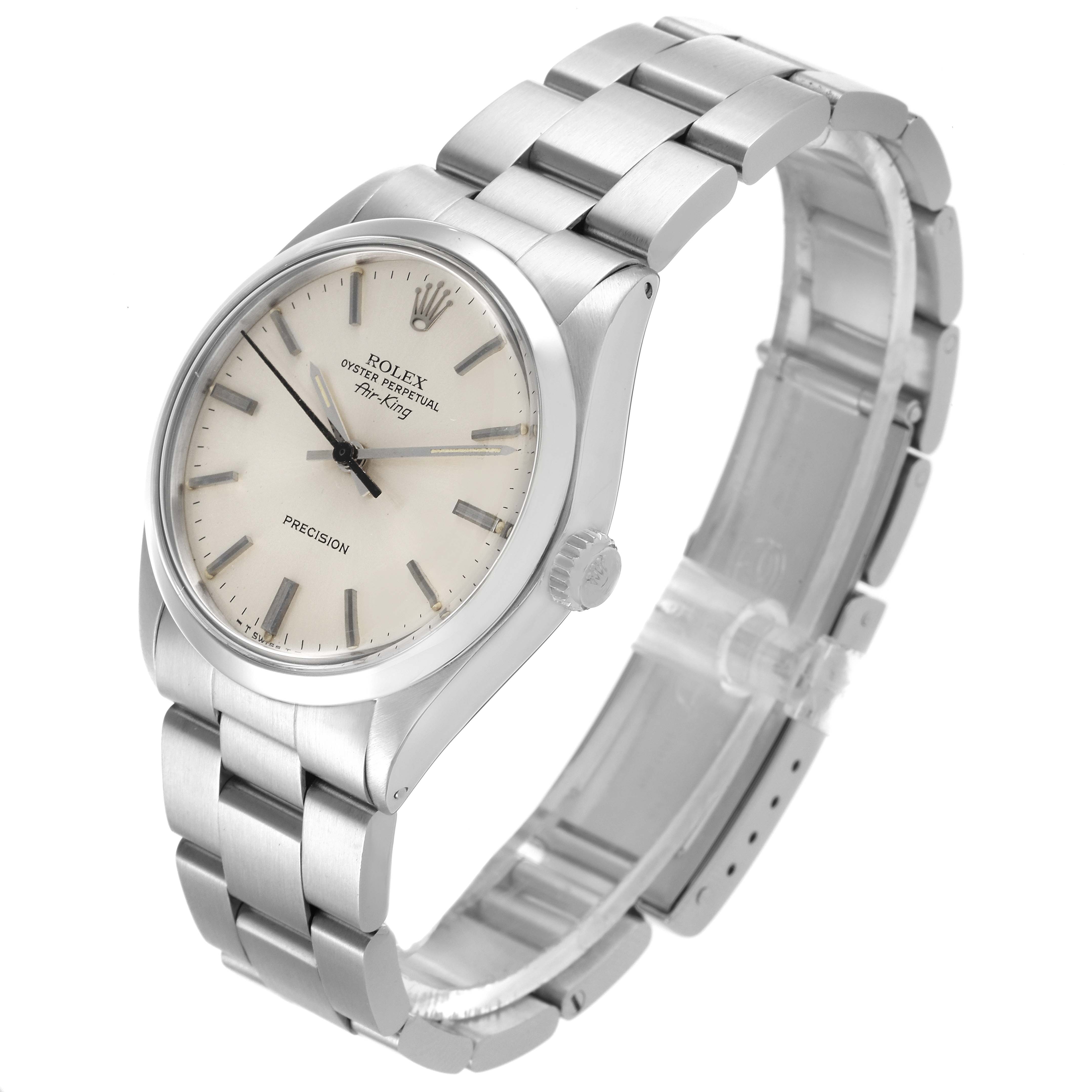 The Rolex Vintage Collection 5500 Men's Stainless Steel Silver Dial 5500 Men's Stainless Steel Silver Dial model is shown from a three-quarter angle, highlighting the face, bezel, crown, and bracelet.