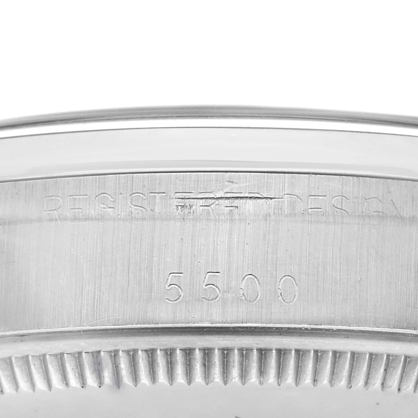 The image shows an engraved side of a Rolex Vintage Collection 5500 Men's Stainless Steel Silver Dial 5500 Men's Stainless Steel Silver Dial watch case, displaying the model number 5500.