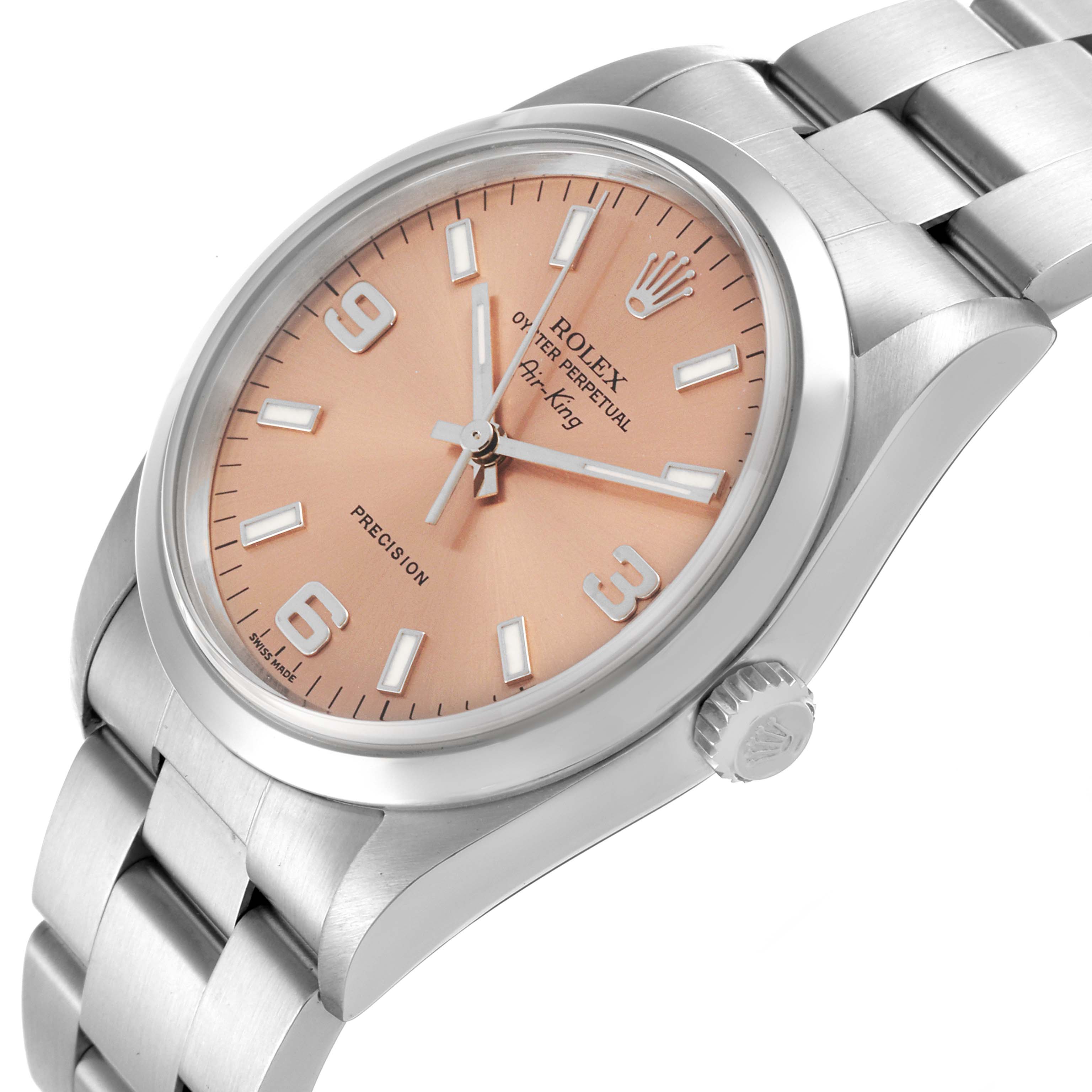 The image shows the Rolex Air-King 14000M Men's Stainless Steel Pink Dial 14000M Men's Stainless Steel Pink Dial watch at an angled view, highlighting the dial, crown, case, and part of the bracelet.