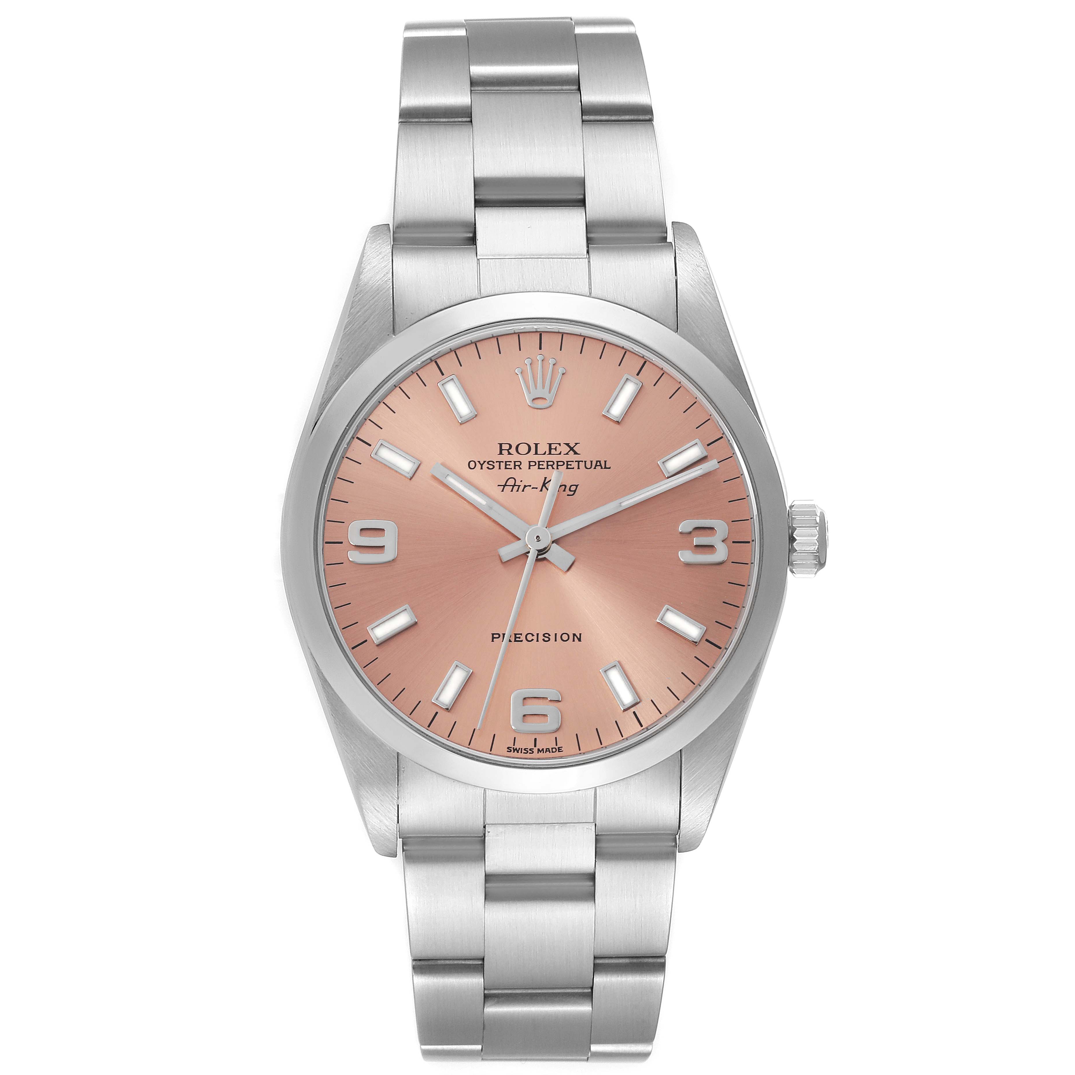 The Rolex Air-King 14000M Men's Stainless Steel Pink Dial 14000M Men's Stainless Steel Pink Dial watch is shown from the front, displaying the dial, case, and full bracelet.