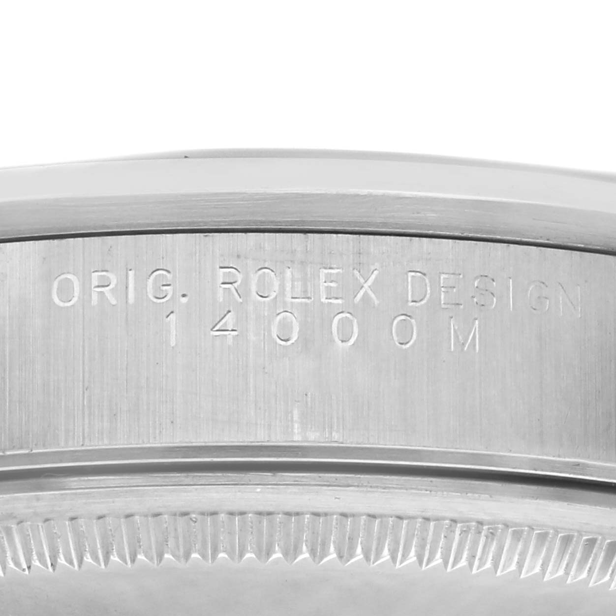 The image shows a close-up of the side engraving on the Rolex Air-King 14000M Men's Stainless Steel Pink Dial 14000M Men's Stainless Steel Pink Dial model, displaying the model number and design details.