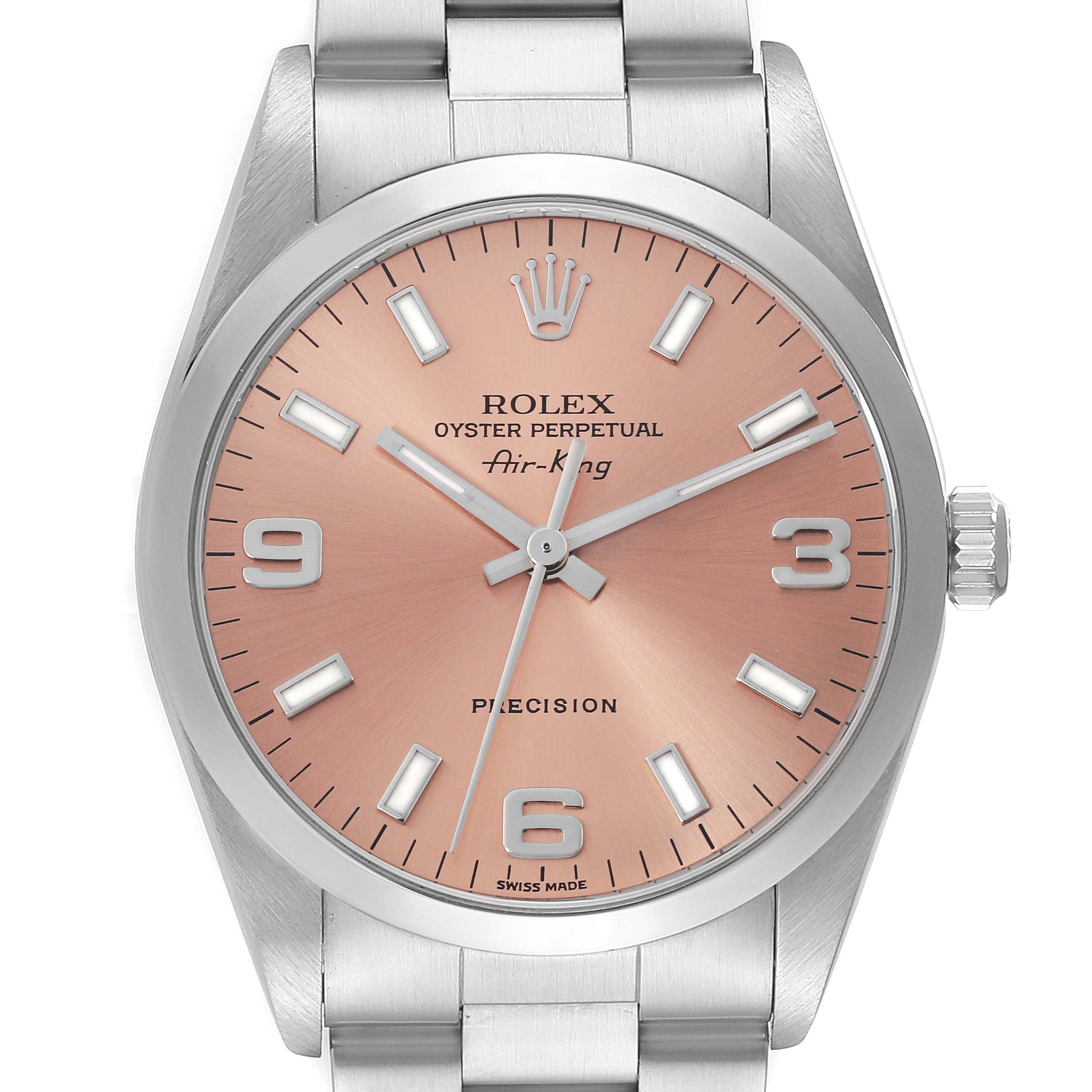 The image shows a front view of a Rolex Air-King 14000M Men's Stainless Steel Pink Dial 14000M Men's Stainless Steel Pink Dial watch, highlighting the dial, crown, bezel, and part of the bracelet.