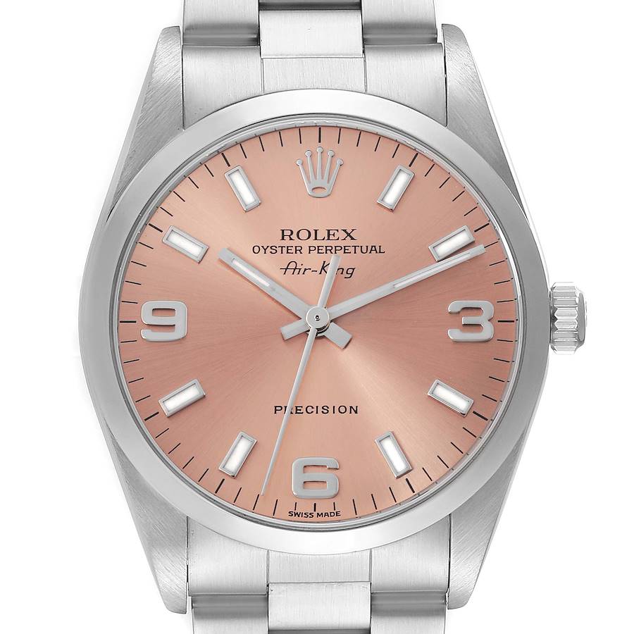 The image shows a front view of a Rolex Air-King watch, highlighting the dial, crown, bezel, and part of the bracelet.