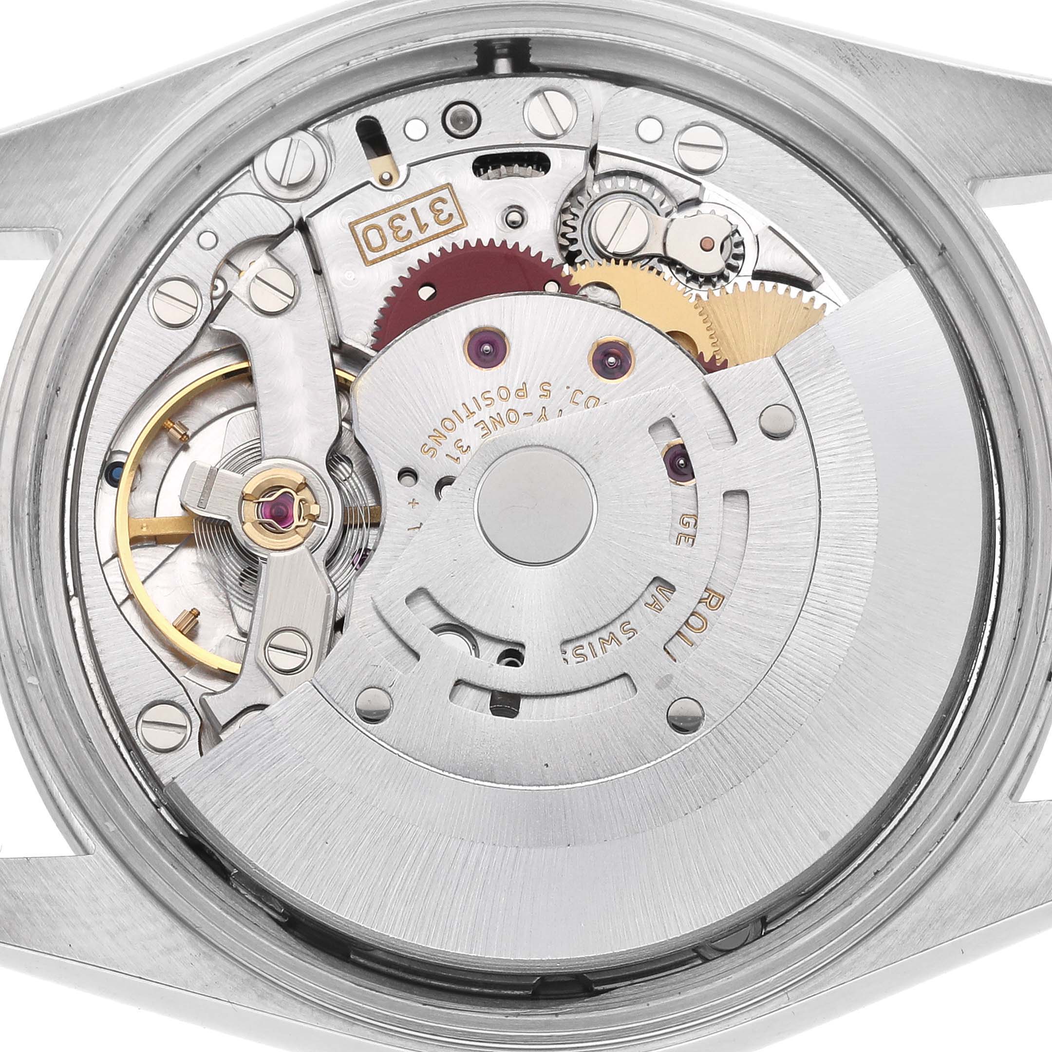 The image shows the internal mechanical movement of a Rolex Air-King 14000M Men's Stainless Steel Pink Dial 14000M Men's Stainless Steel Pink Dial watch from the back case angle.