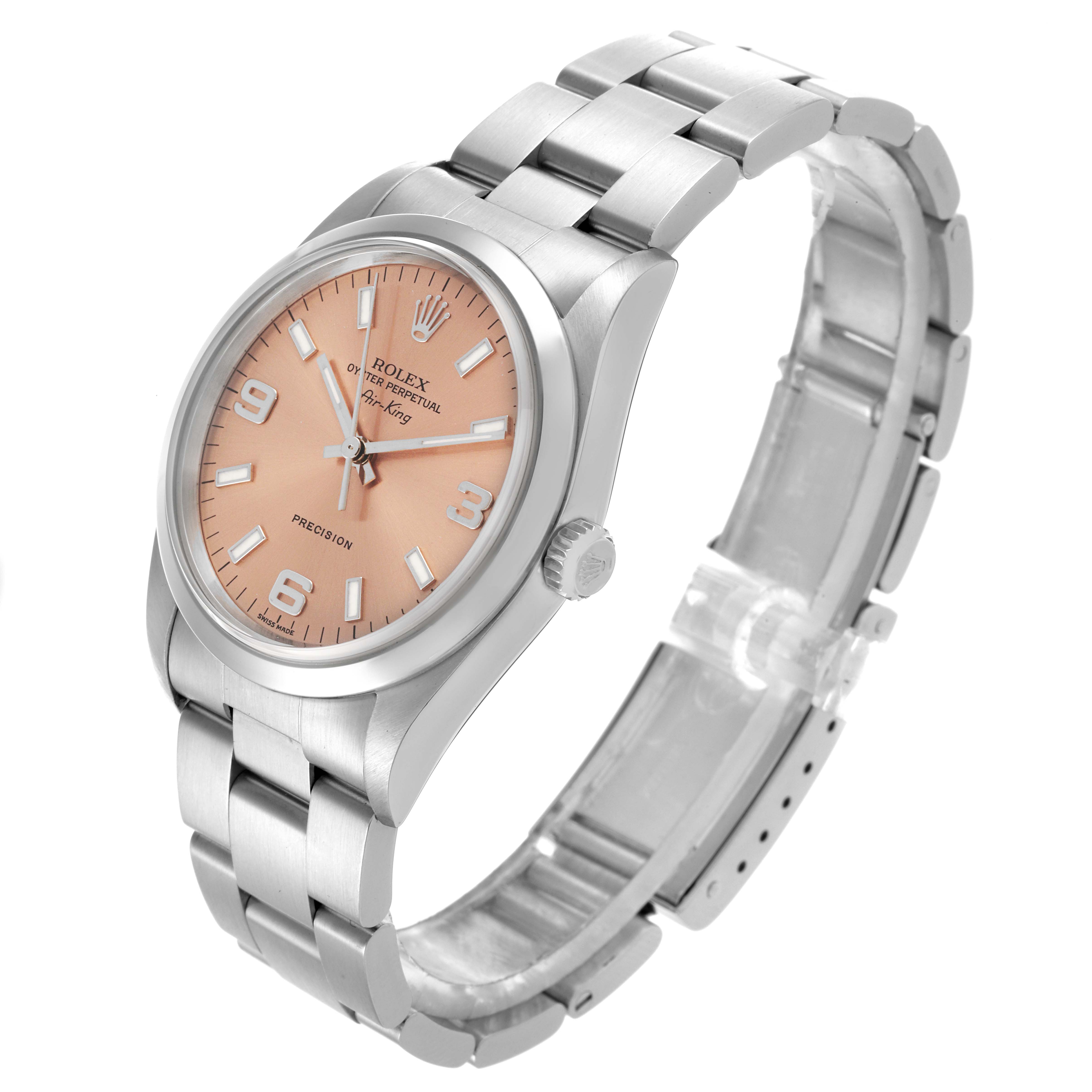 The Rolex Air-King 14000M Men's Stainless Steel Pink Dial 14000M Men's Stainless Steel Pink Dial watch is shown from a three-quarter angle, displaying its face, crown, and partially open bracelet.