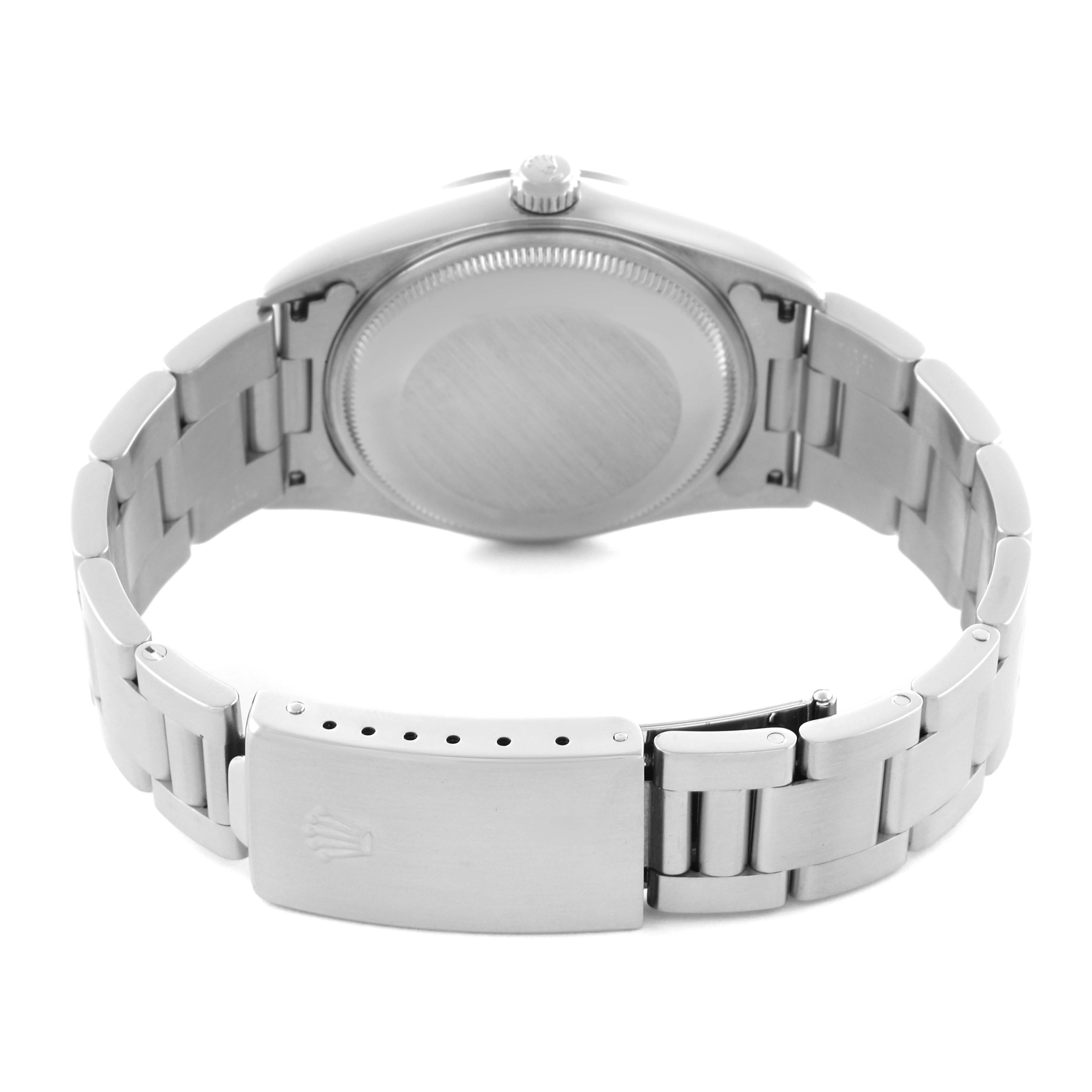 The image shows the back case and bracelet clasp of a Rolex Air-King 14000M Men's Stainless Steel Pink Dial 14000M Men's Stainless Steel Pink Dial watch from a rear angle.