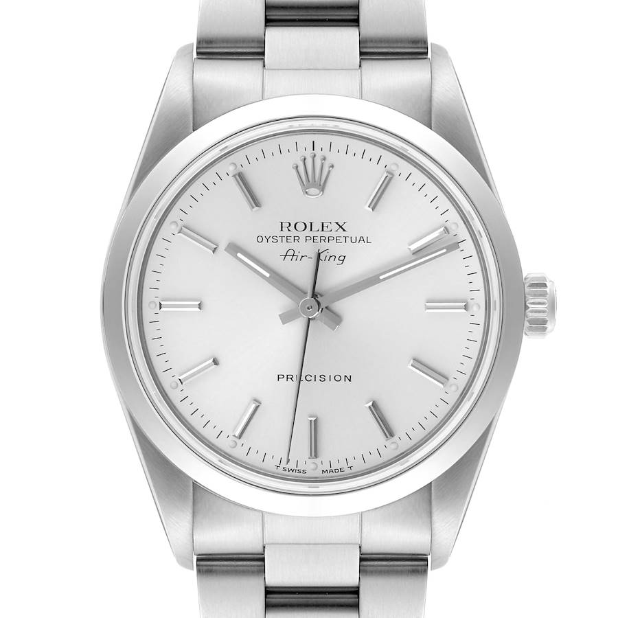 The Rolex Air-King watch is shown straight-on, featuring its dial, hands, bracelet, and crown on the side.