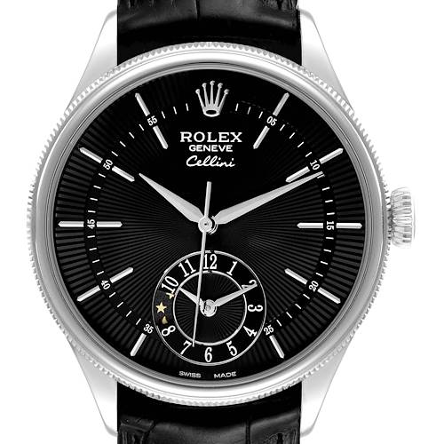 The Rolex Cellini 50529 Men's White Gold Black Dial watch is shown from a front angle highlighting its dial, hands, crown, and part of the strap.