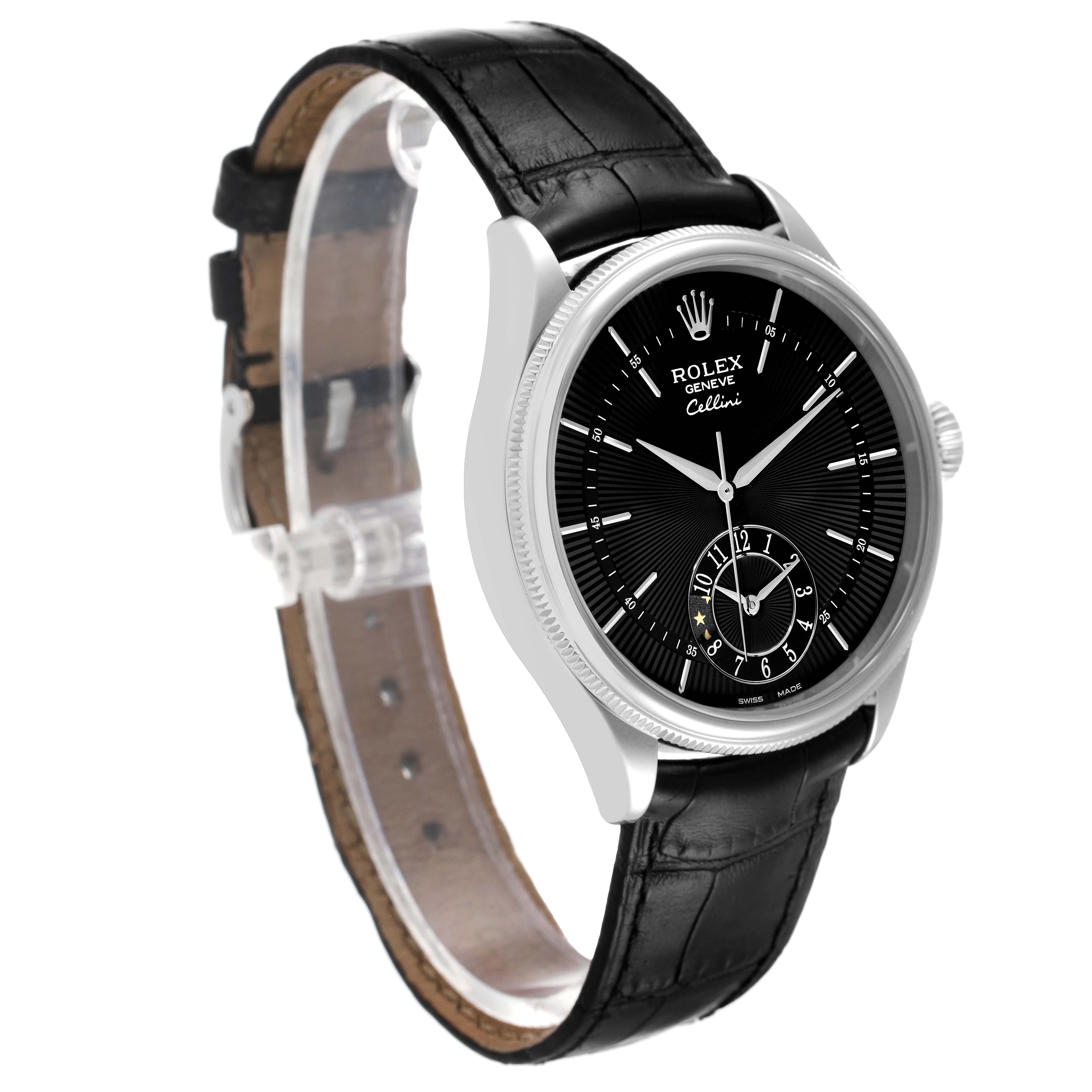The Rolex Cellini 50529 Men's White Gold Black Dial watch is shown at a three-quarter angle, displaying the face, bezel, crown, and leather strap.