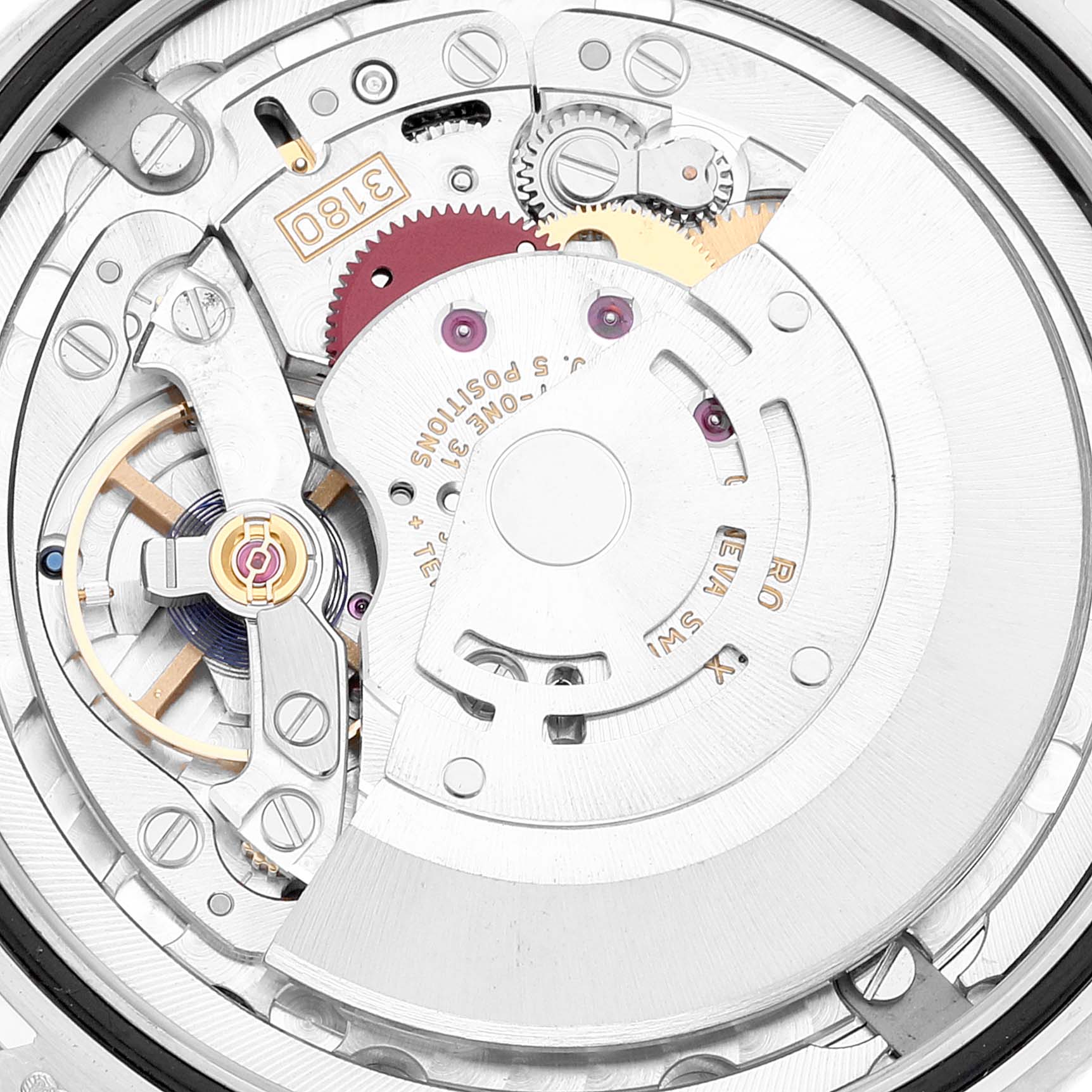 The image shows the intricate movement parts of a Rolex Cellini 50529 Men's White Gold Black Dial watch viewed from the back.