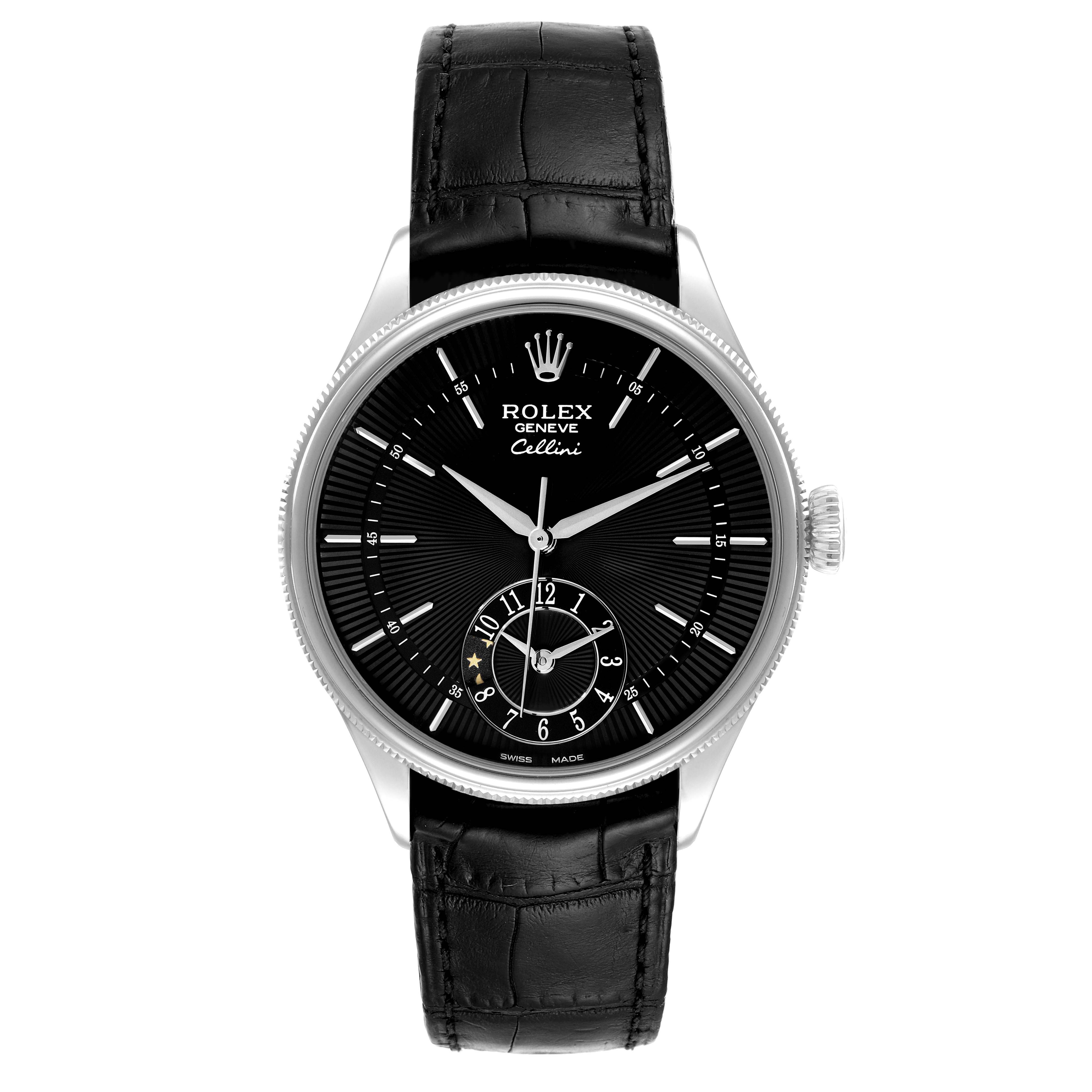 The Rolex Cellini 50529 Men's White Gold Black Dial watch is shown from a front angle, displaying the face, dial, hands, and black leather strap.