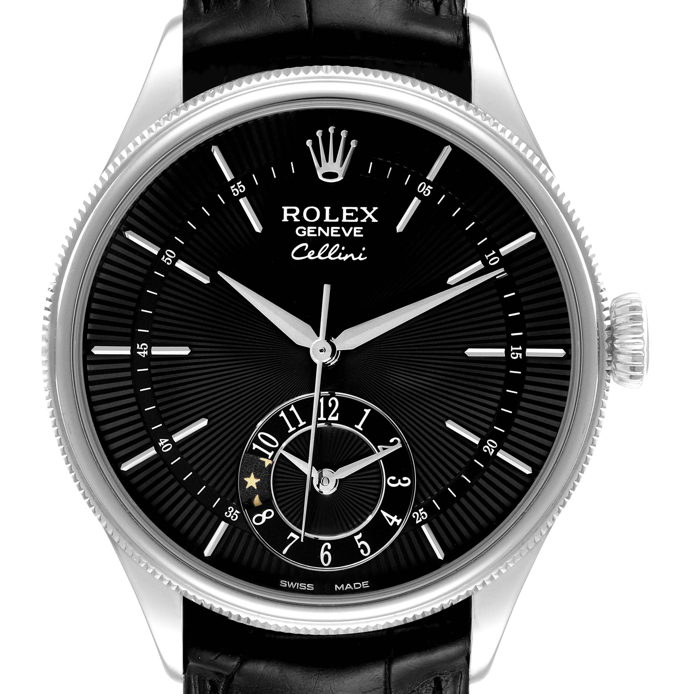 The Rolex Cellini 50529 Men's White Gold Black Dial watch is shown from a front angle, featuring the dial, hands, crown, and leather strap.