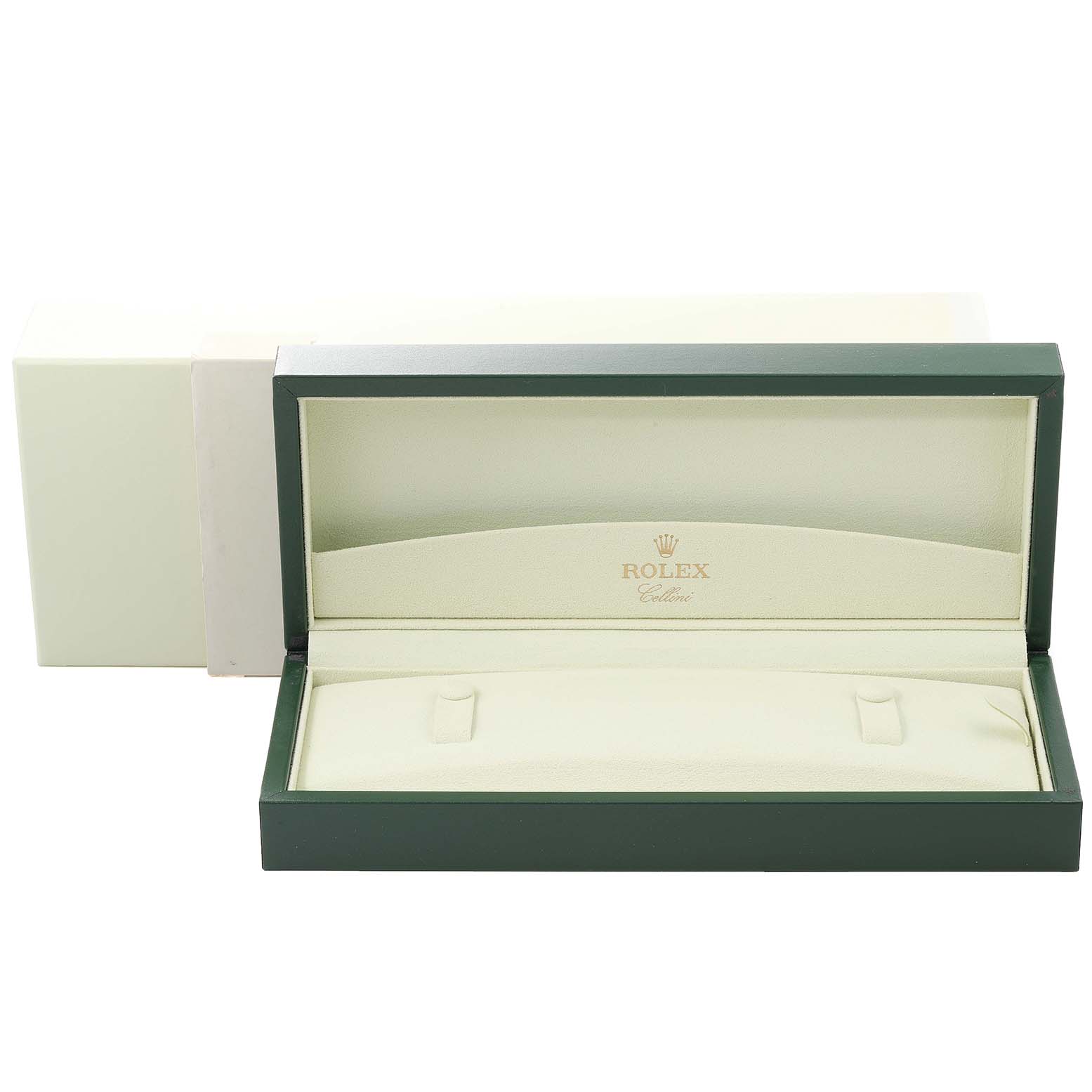 The image shows an open Rolex Cellini 50529 Men's White Gold Black Dial watch box, viewed from the front, displaying its interior lining with the logo.