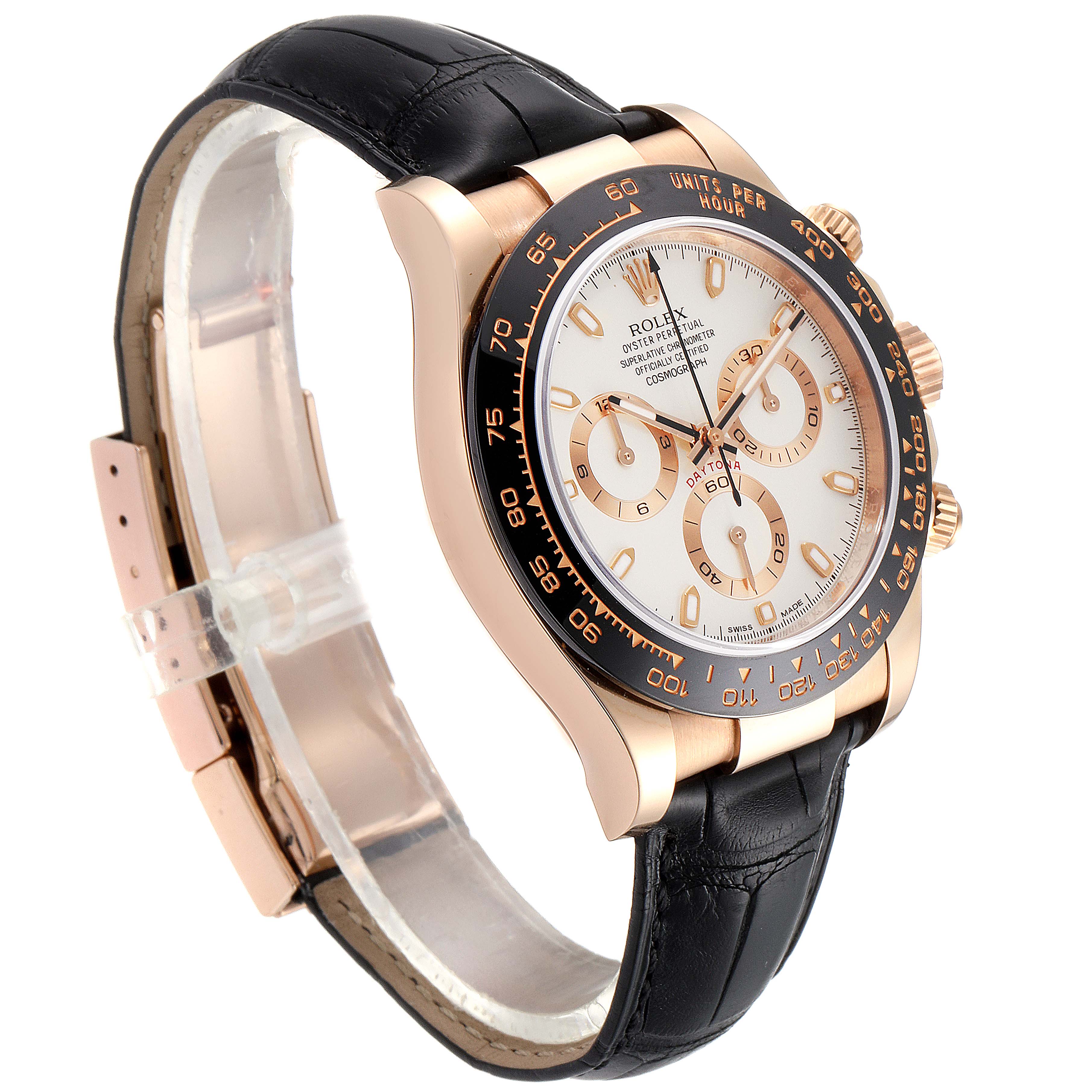 The Rolex Daytona 116515LN Men's Rose Gold Silver Dial 116515LN Men's Rose Gold Silver Dial watch is shown at a slight angle, highlighting its face, bezel, and black leather strap.