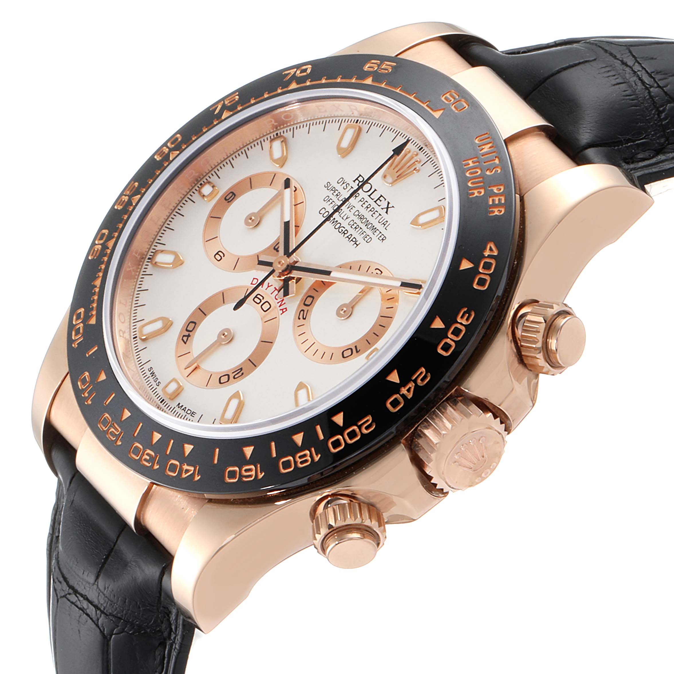 The image shows a Rolex Daytona 116515LN Men's Rose Gold Silver Dial 116515LN Men's Rose Gold Silver Dial watch at an angled view, highlighting the crown, pushers, bezel, and face.
