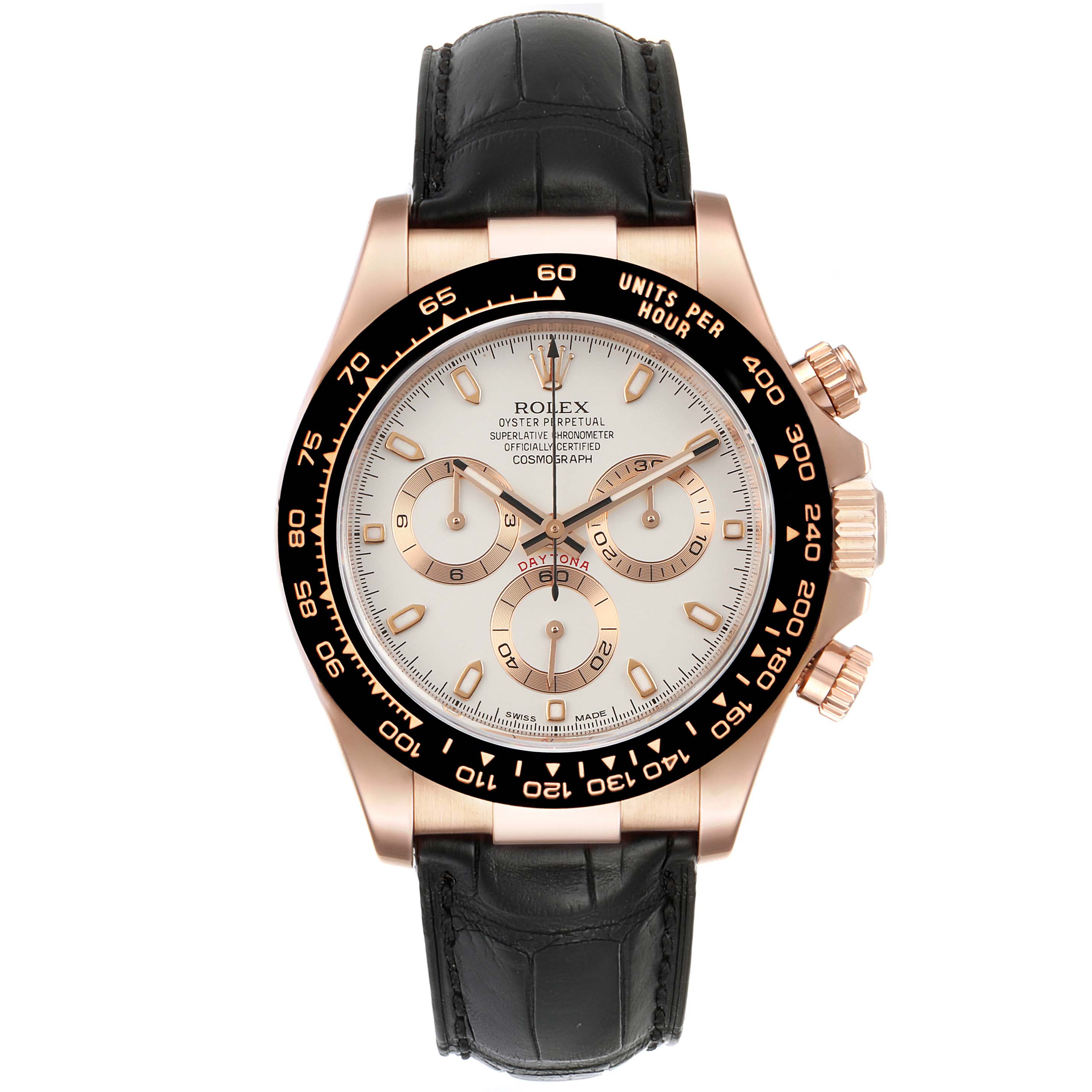 The image shows a front view of a Rolex Daytona 116515LN Men's Rose Gold Silver Dial 116515LN Men's Rose Gold Silver Dial watch, featuring its dial, bezel, crown, and black leather strap.