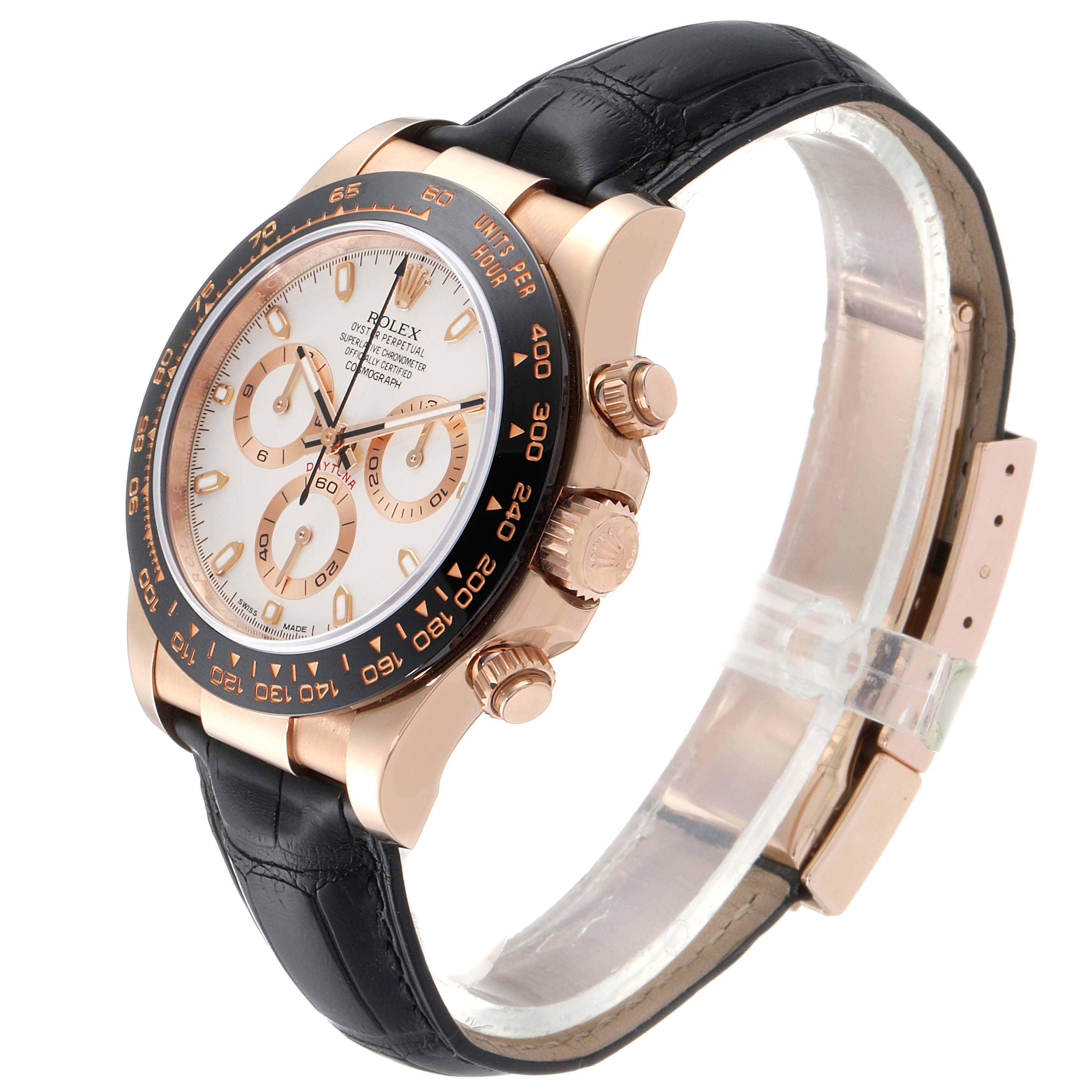 The Rolex Daytona 116515LN Men's Rose Gold Silver Dial 116515LN Men's Rose Gold Silver Dial watch is shown at a 3/4 angle, displaying the face, bezel, crown, pushers, and leather strap.