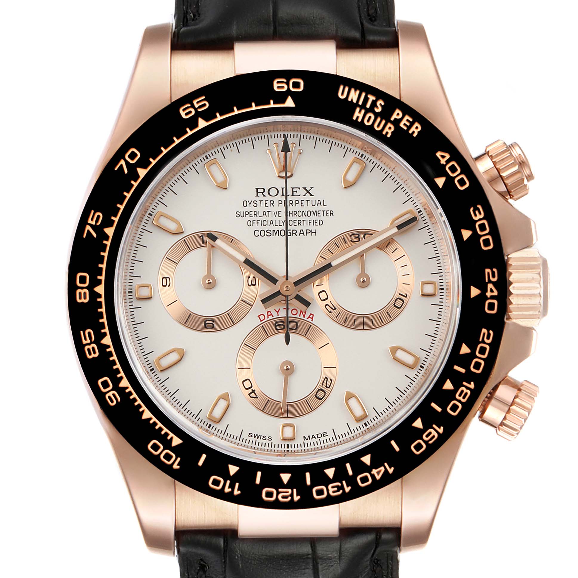 The image shows a front view of a Rolex Daytona 116515LN Men's Rose Gold Silver Dial 116515LN Men's Rose Gold Silver Dial watch, highlighting its dial, bezel, pushers, and leather strap.