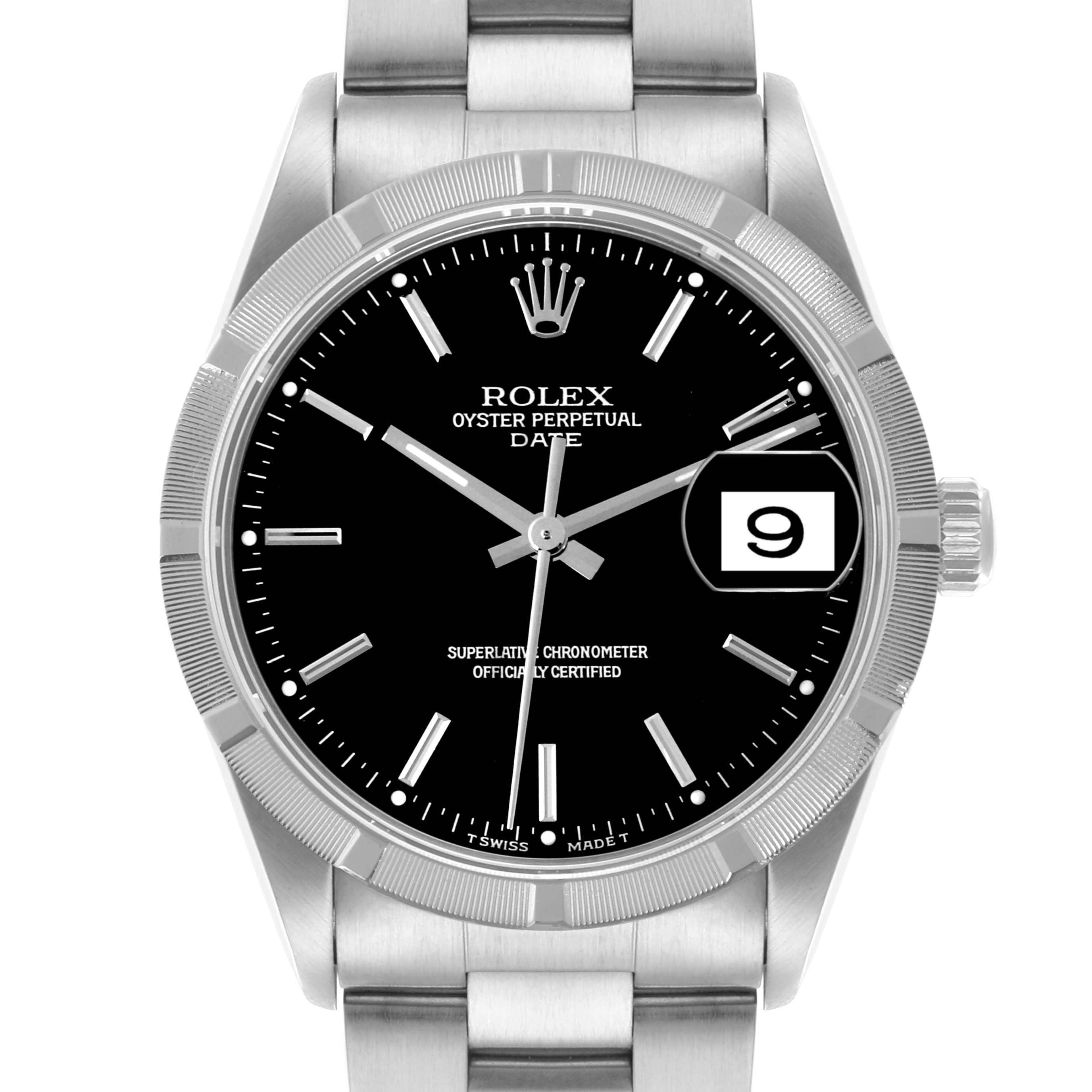 The image shows a front view of a Rolex Date 15210 Men
s Stainless Steel Black Dial 15210 Men
s Stainless Steel Black Dial watch, displaying the dial, bezel, and bracelet clearly.