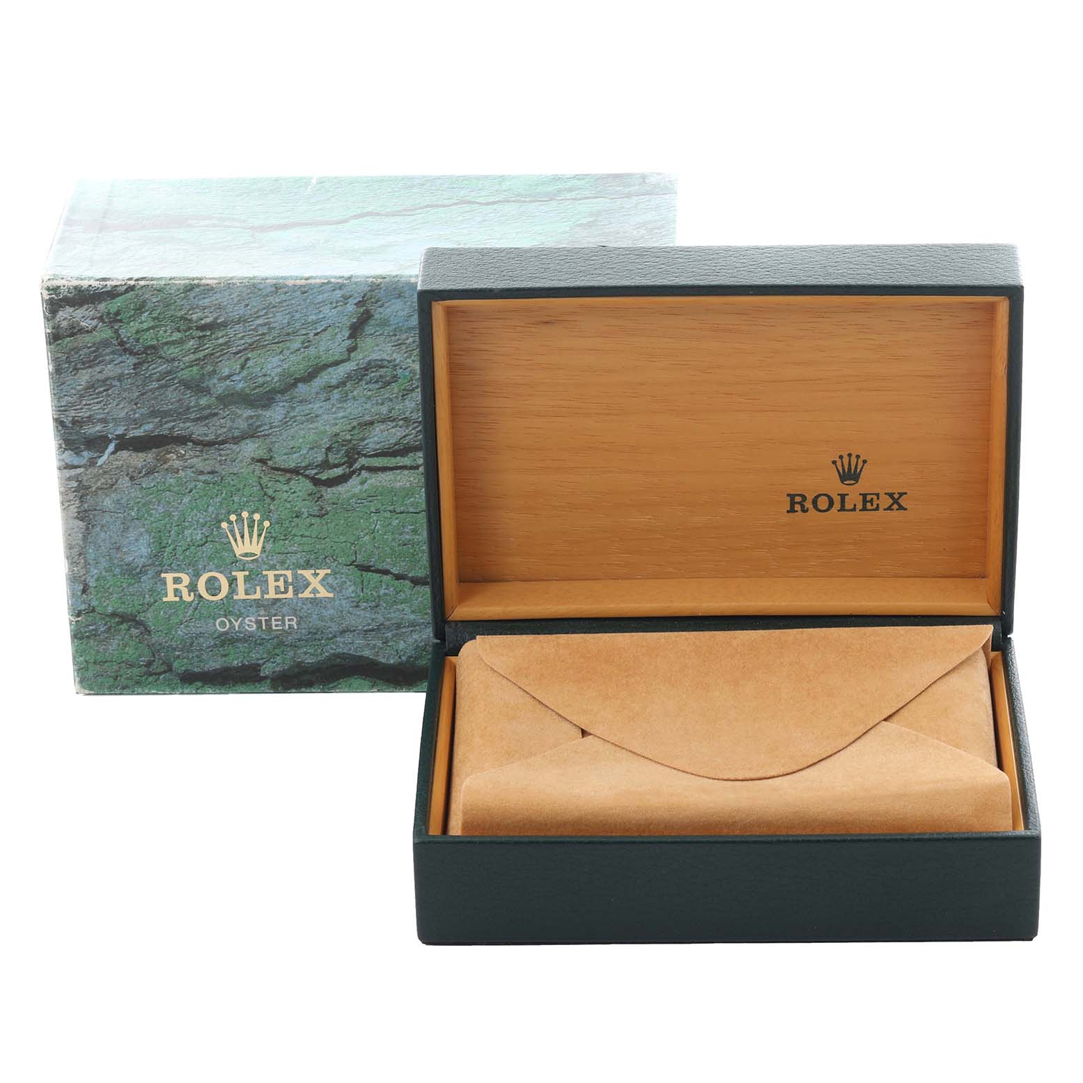 The image shows a Rolex Date 15210 Men
s Stainless Steel Black Dial 15210 Men
s Stainless Steel Black Dial model
s closed box and outer packaging at a slight angle.