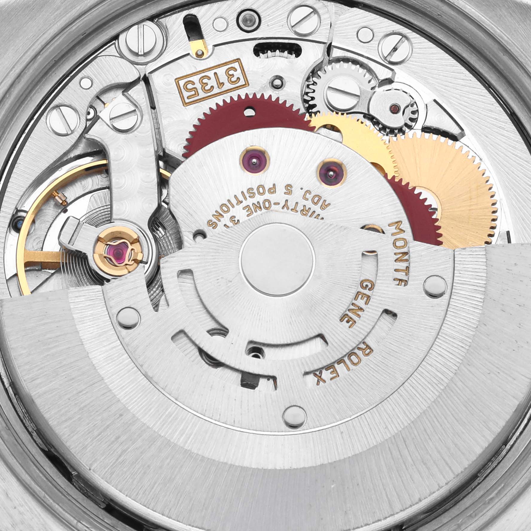 The image shows the detailed mechanism of a Rolex Date 15210 Men
s Stainless Steel Black Dial 15210 Men
s Stainless Steel Black Dial model at a top-down angle.