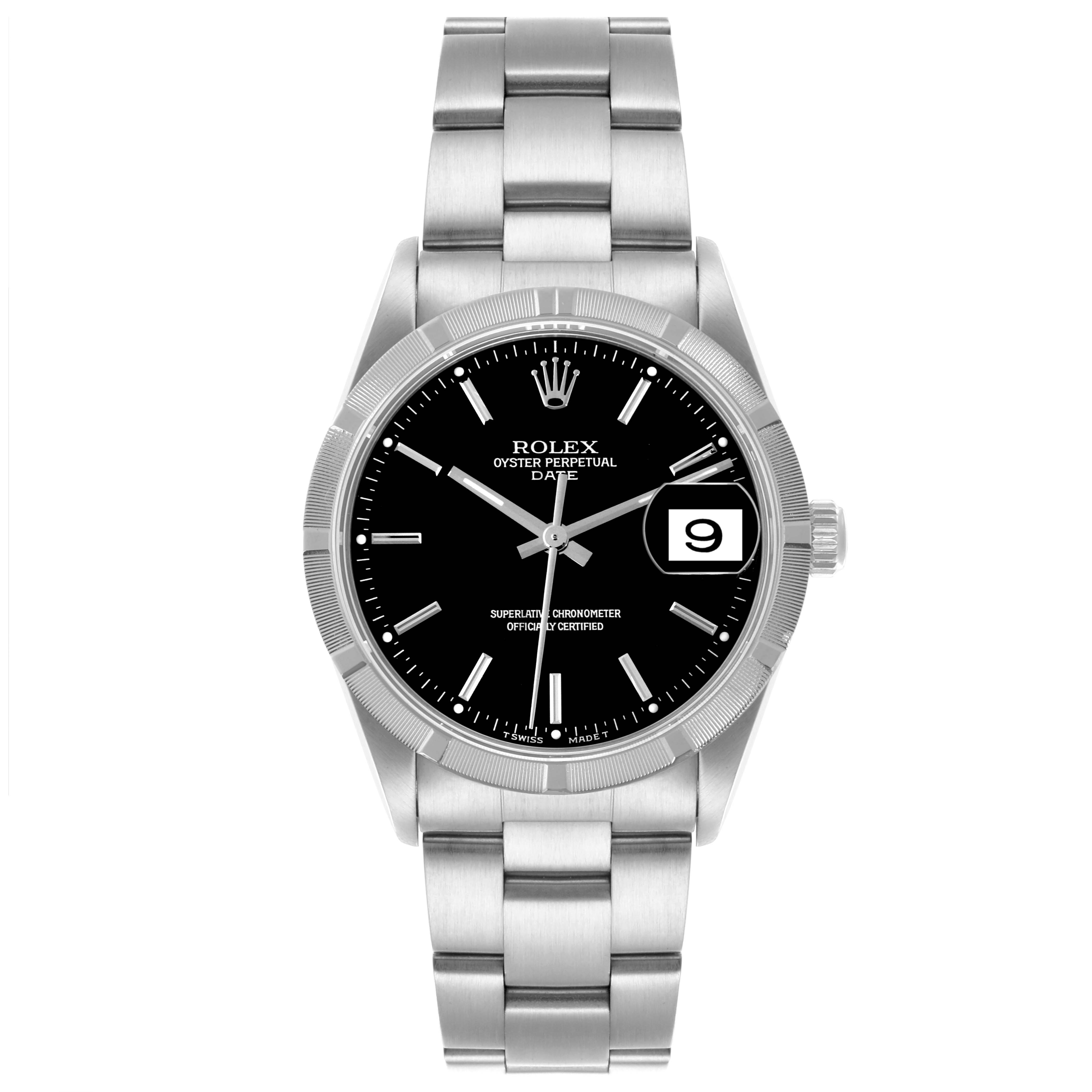 The Rolex Date 15210 Men
s Stainless Steel Black Dial 15210 Men
s Stainless Steel Black Dial model watch is shown from a front angle, displaying its black dial, date window, and metal bracelet.