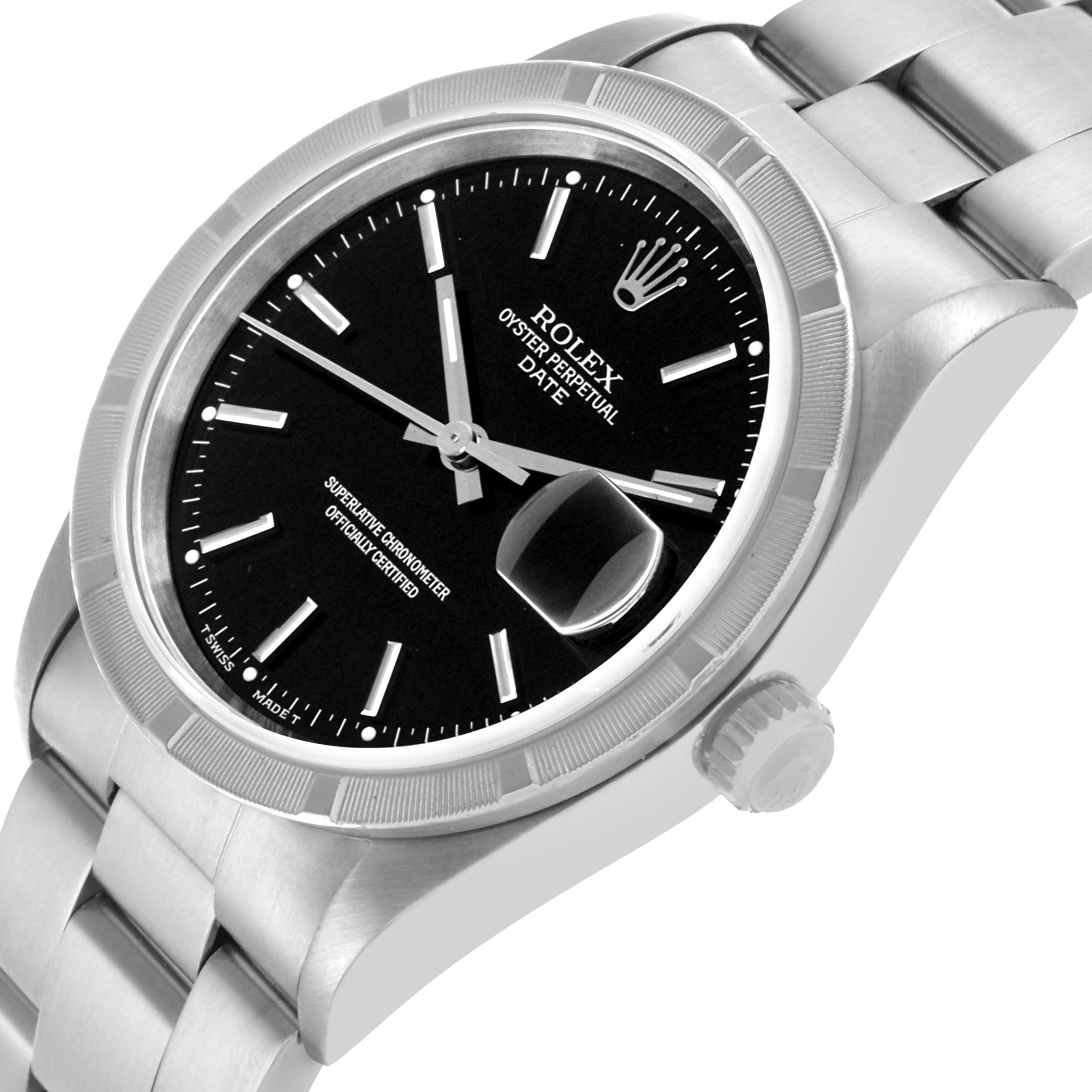 The Rolex Date 15210 Men
s Stainless Steel Black Dial 15210 Men
s Stainless Steel Black Dial watch is shown at a three-quarter angle, highlighting the dial, bezel, crown, and bracelet.