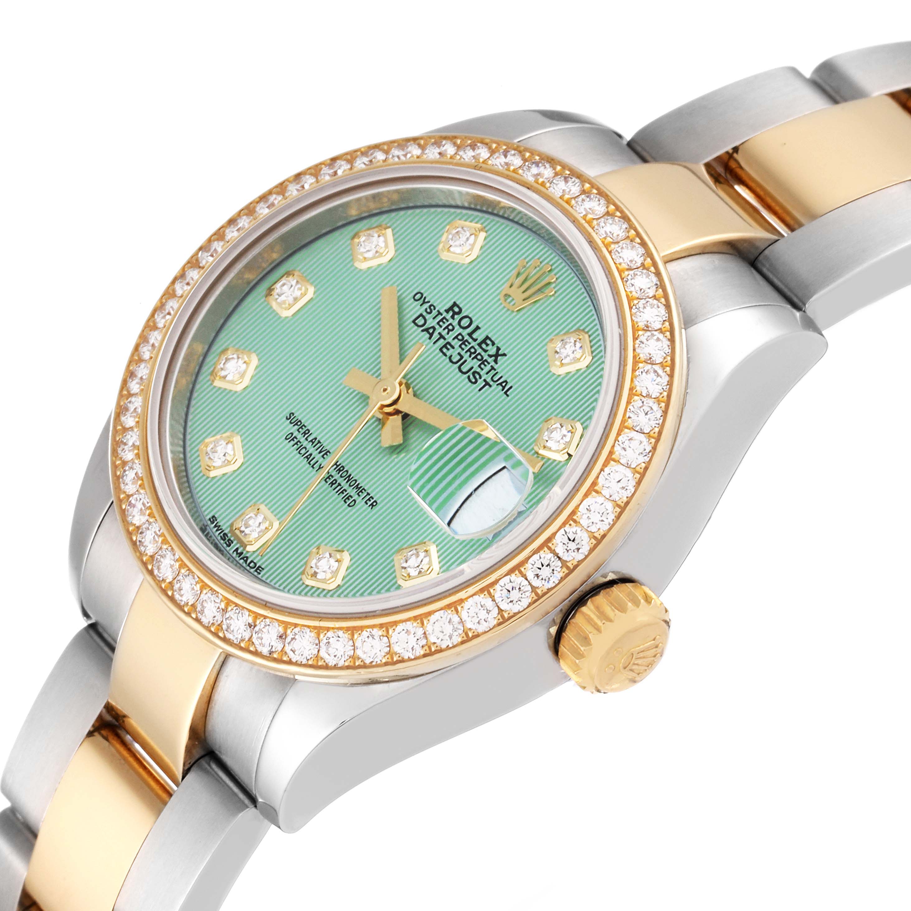 This image shows a close-up angled view of the watch face and part of the bracelet of a Rolex Datejust 279383 Women's Steel and Gold (two tone) Green Dial 279383 Women's Steel and Gold (two tone) Green Dial model.
