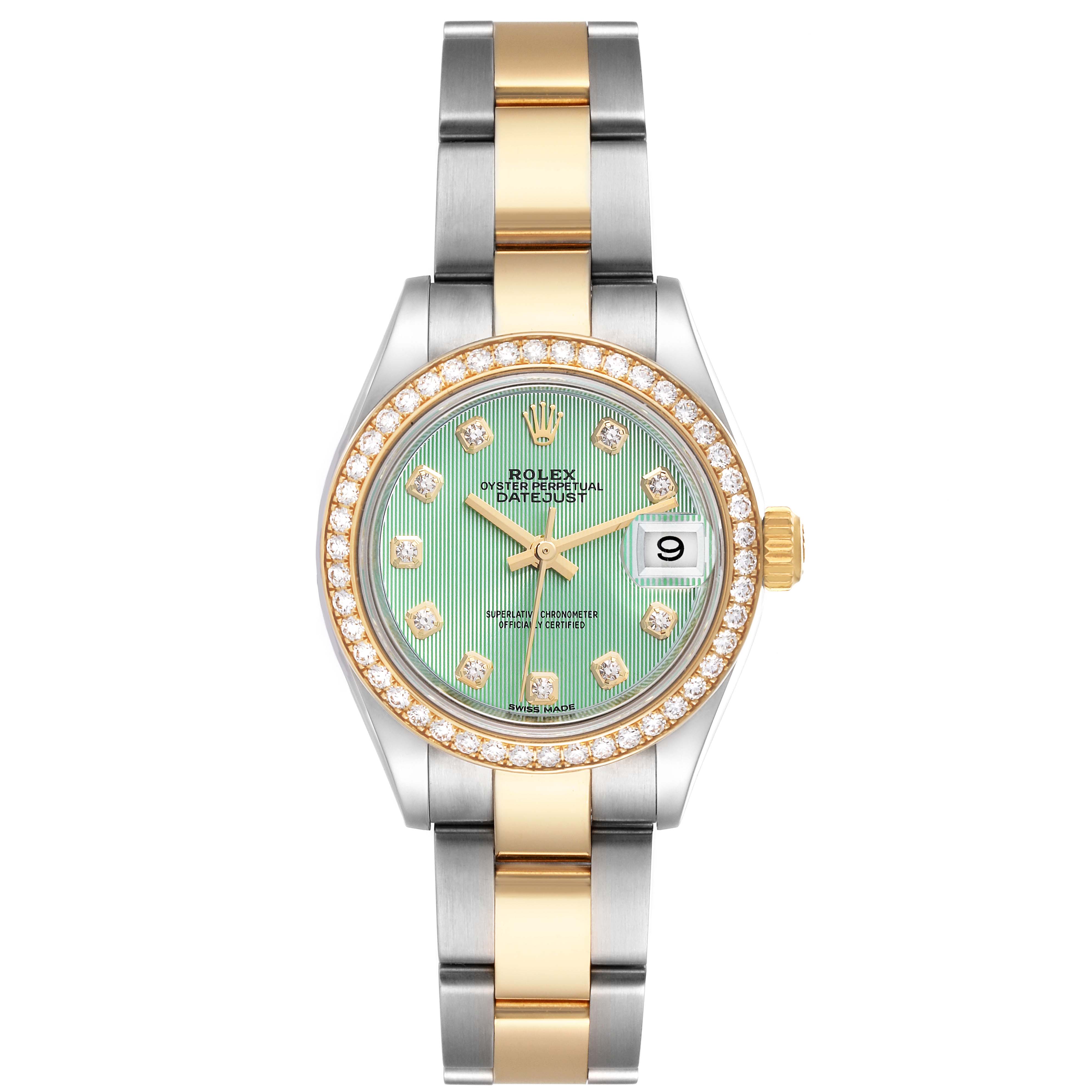 The image shows a front view of a Rolex Datejust 279383 Women's Steel and Gold (two tone) Green Dial 279383 Women's Steel and Gold (two tone) Green Dial watch, displaying its dial, bezel, and bracelet.