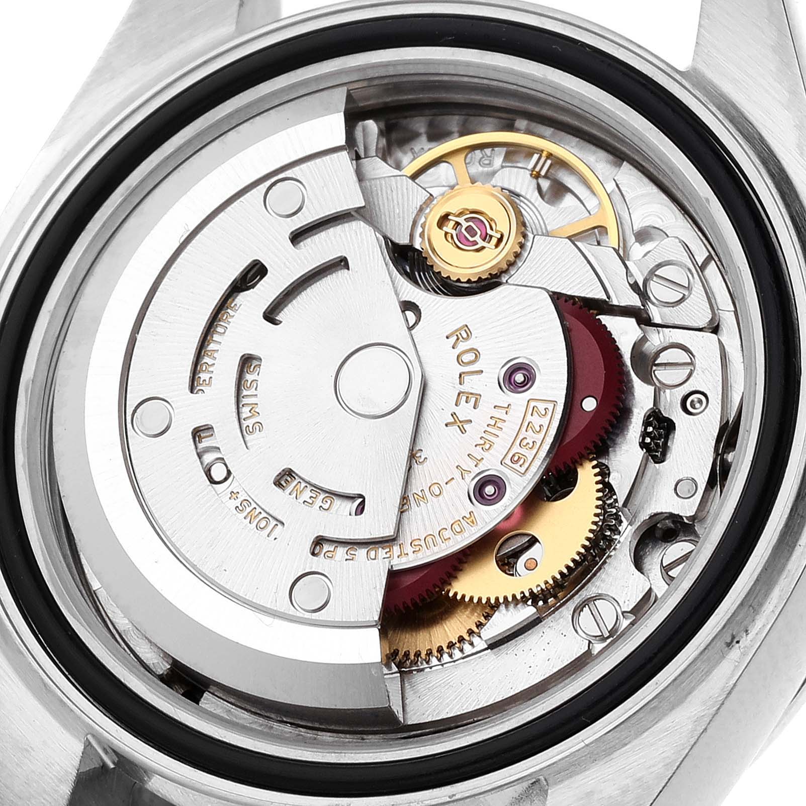 The image shows the inner mechanical movement of the Rolex Datejust 279383 Women's Steel and Gold (two tone) Green Dial 279383 Women's Steel and Gold (two tone) Green Dial watch, highlighting the gears and components from a back view.