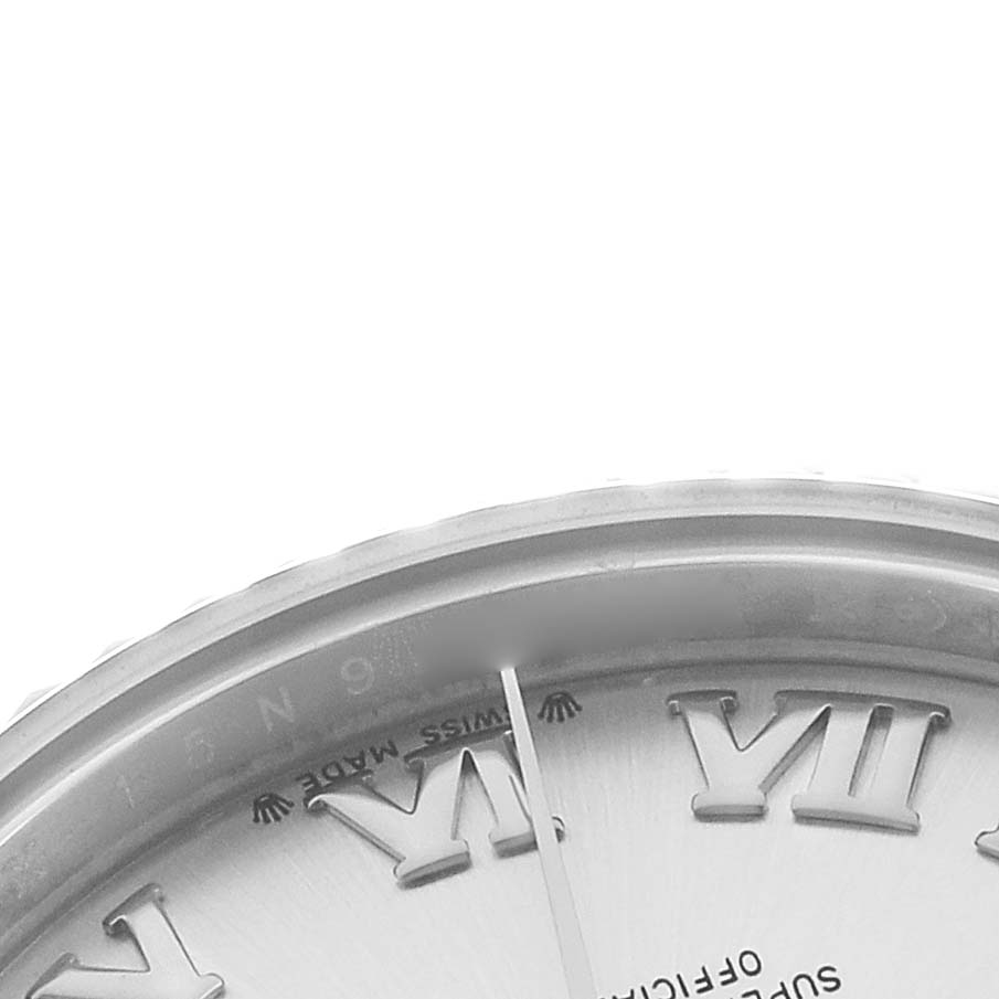 The image shows a close-up of the Rolex Datejust 279174 Women's Stainless Steel Silver Dial watch face, focusing on the Roman numeral markers and part of the bezel.