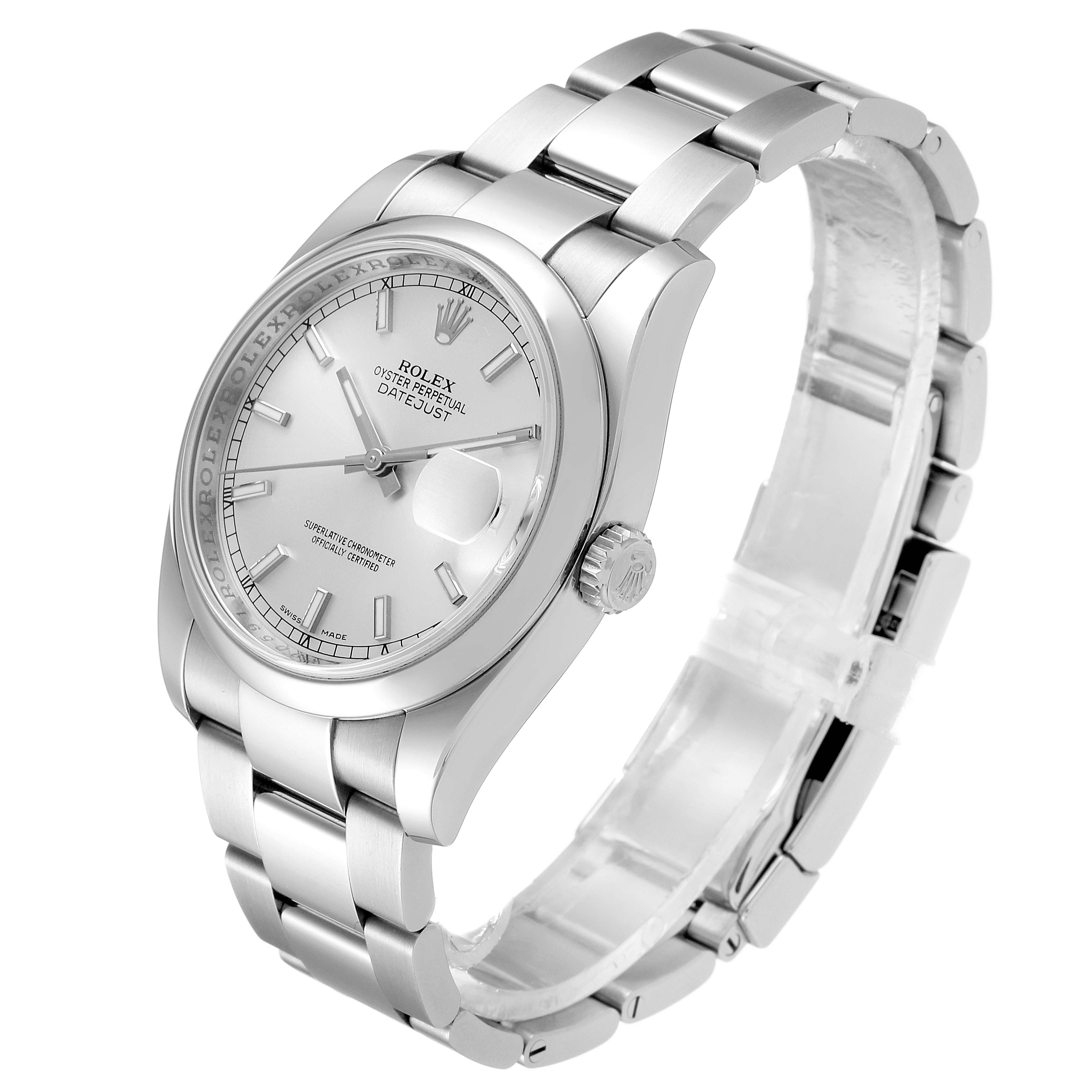 The image shows a side and top view of a Rolex Datejust 116200 Men's Stainless Steel Silver Dial 116200 Men's Stainless Steel Silver Dial watch, highlighting the face, bezel, crown, and bracelet.
