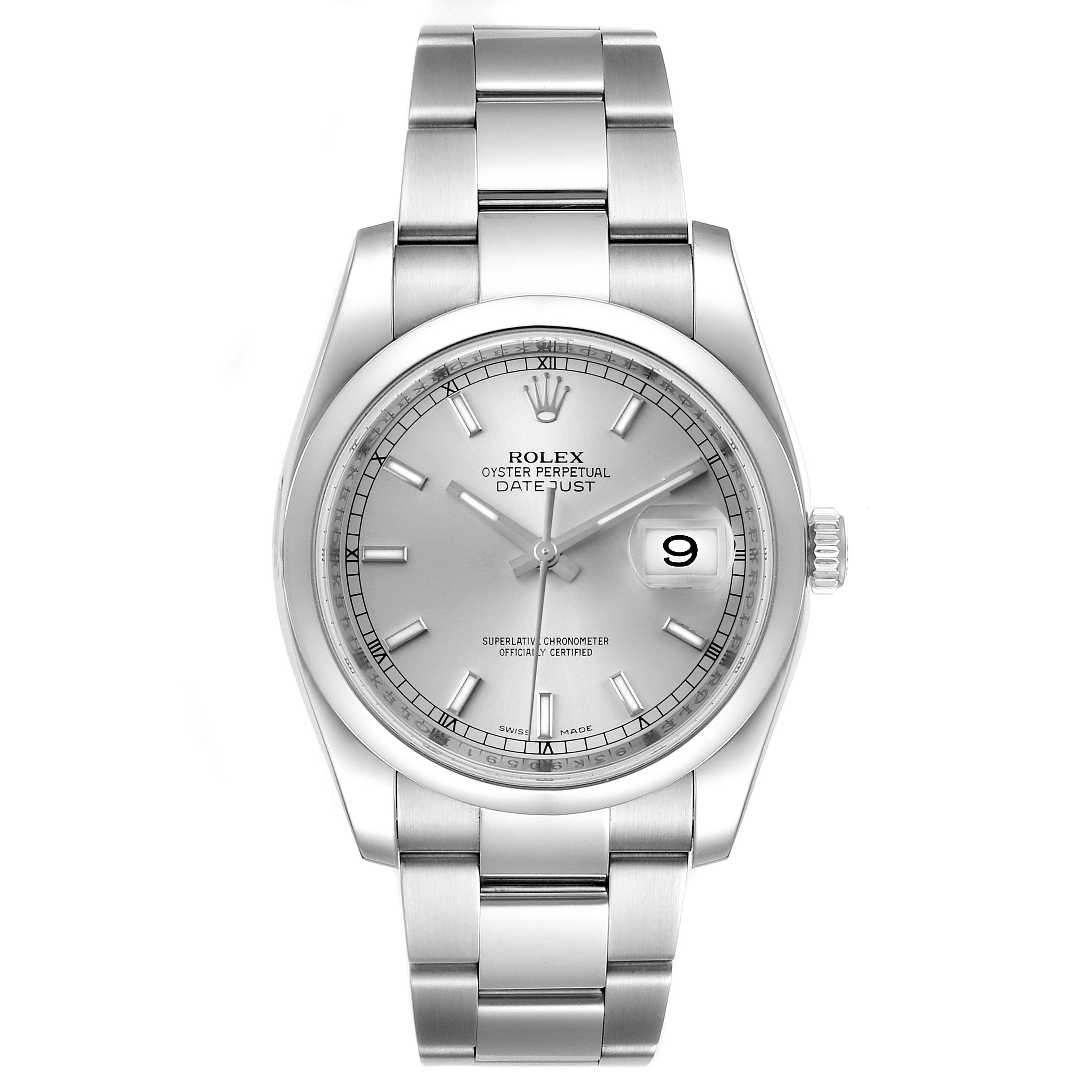 The Rolex Datejust 116200 Men's Stainless Steel Silver Dial 116200 Men's Stainless Steel Silver Dial watch is shown from a front angle, displaying the dial, bezel, and stainless steel bracelet.