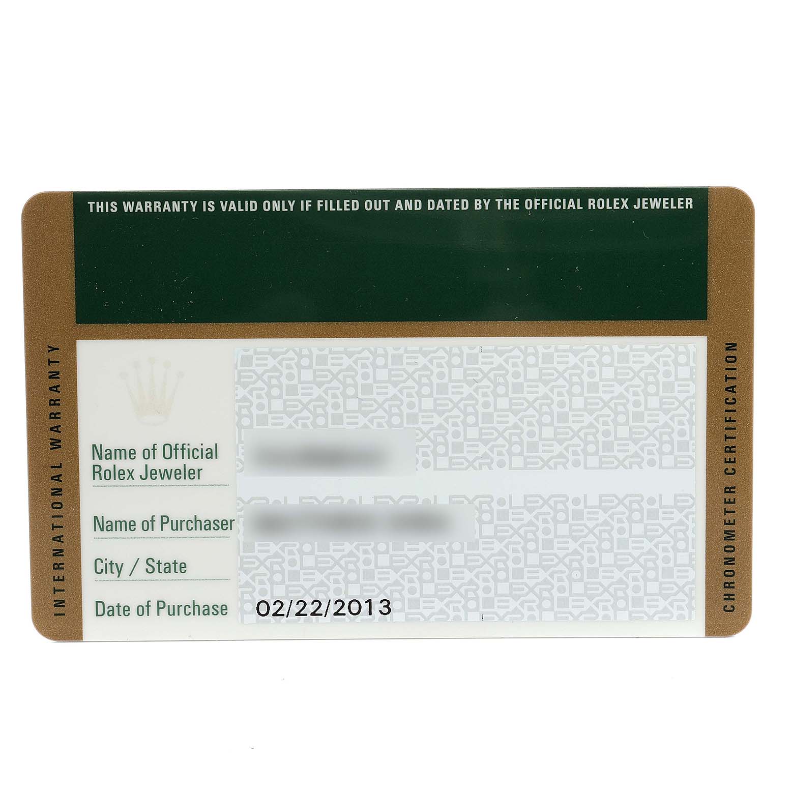 This image shows an international warranty card for the Rolex Datejust 116200 Men's Stainless Steel Silver Dial 116200 Men's Stainless Steel Silver Dial model, including details like date of purchase.