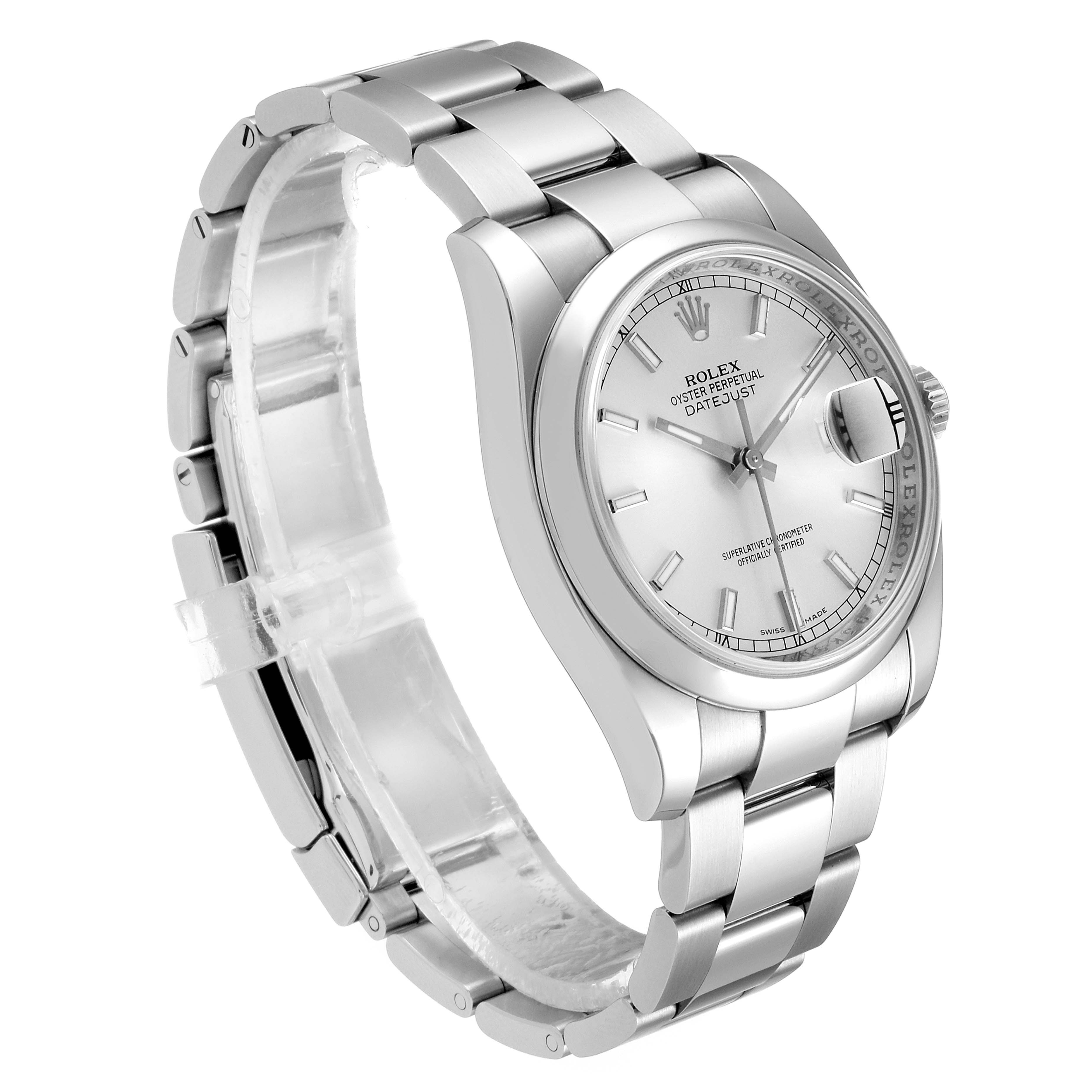 This Rolex Datejust 116200 Men's Stainless Steel Silver Dial 116200 Men's Stainless Steel Silver Dial watch is shown at an angled side view, displaying its silver face, bracelet, and bezel.
