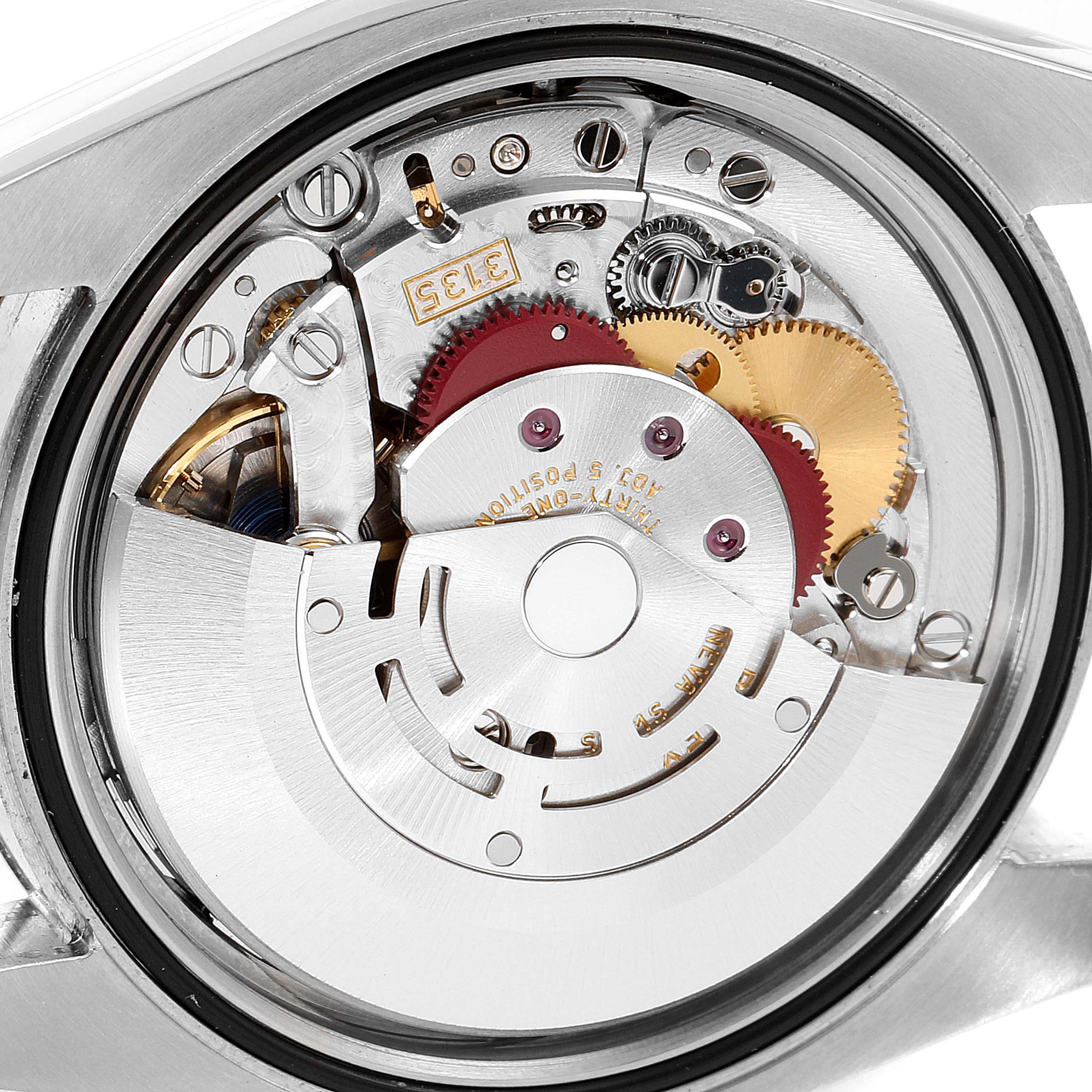 This image shows a close-up, inside view of the movement mechanism of a Rolex Datejust 116200 Men's Stainless Steel Silver Dial 116200 Men's Stainless Steel Silver Dial watch.