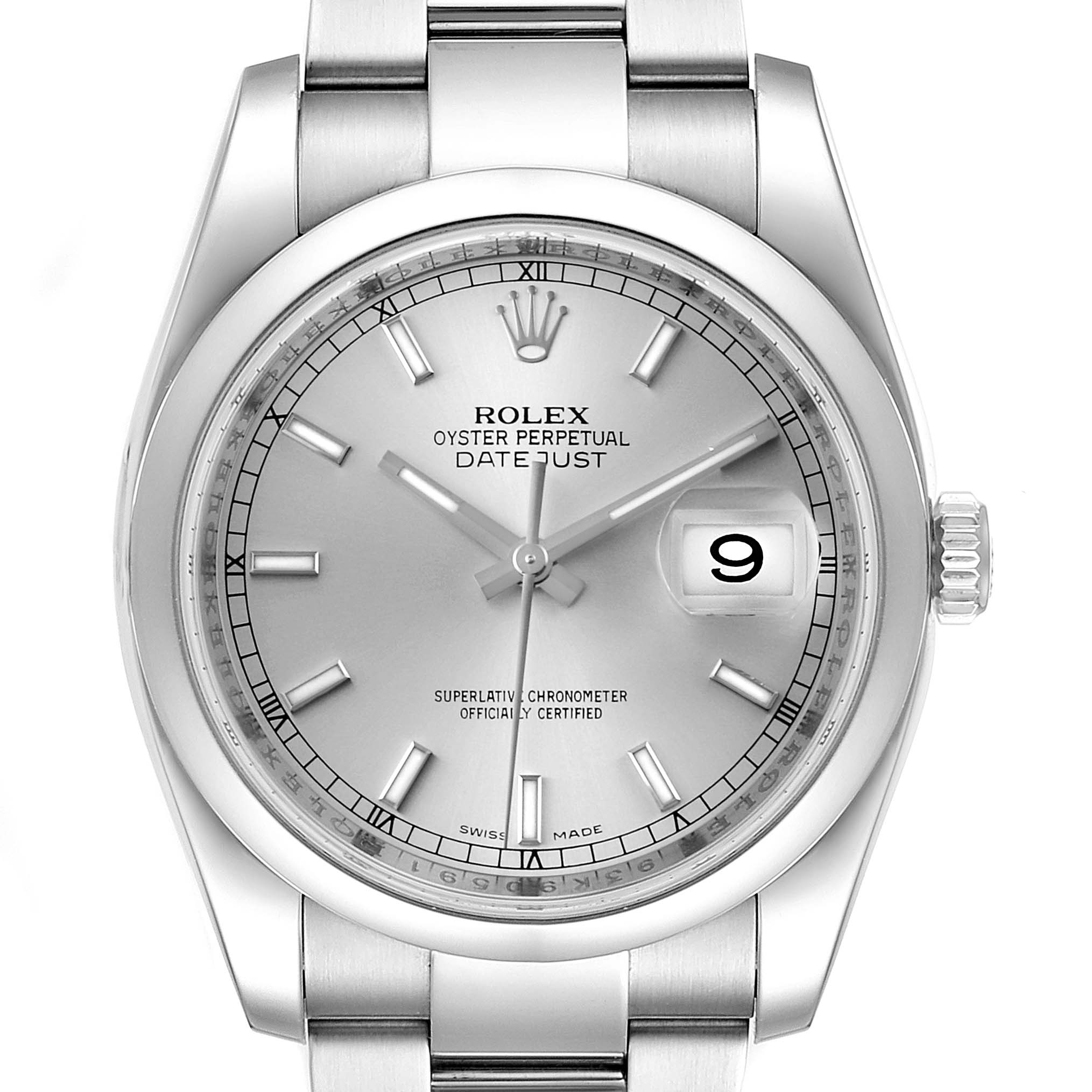 This image shows a front view of the Rolex Datejust 116200 Men's Stainless Steel Silver Dial 116200 Men's Stainless Steel Silver Dial watch, highlighting its dial, hour markers, hands, date display, and bezel.
