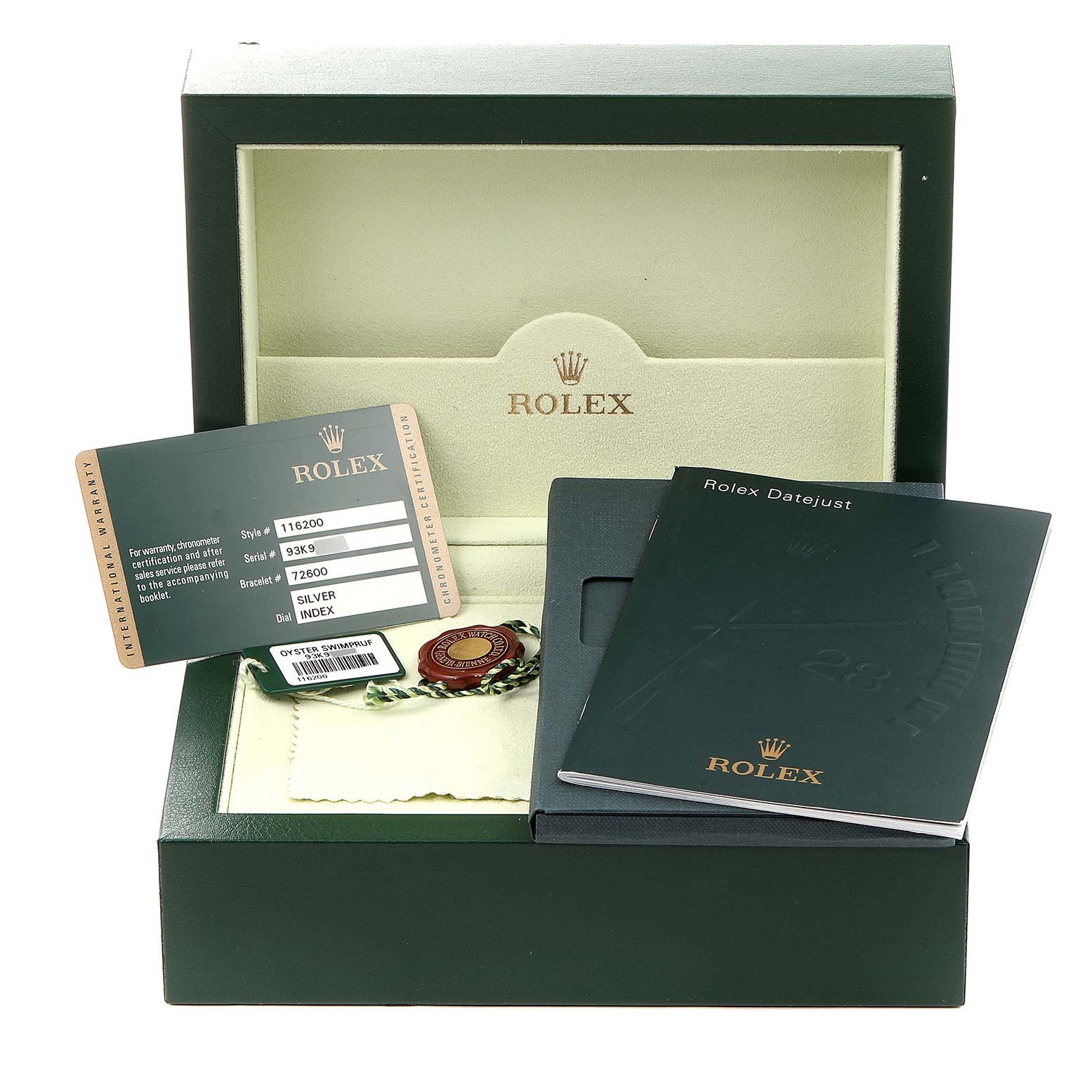 The image shows an open Rolex Datejust 116200 Men's Stainless Steel Silver Dial 116200 Men's Stainless Steel Silver Dial box with manuals, a certification card, and a tag inside.