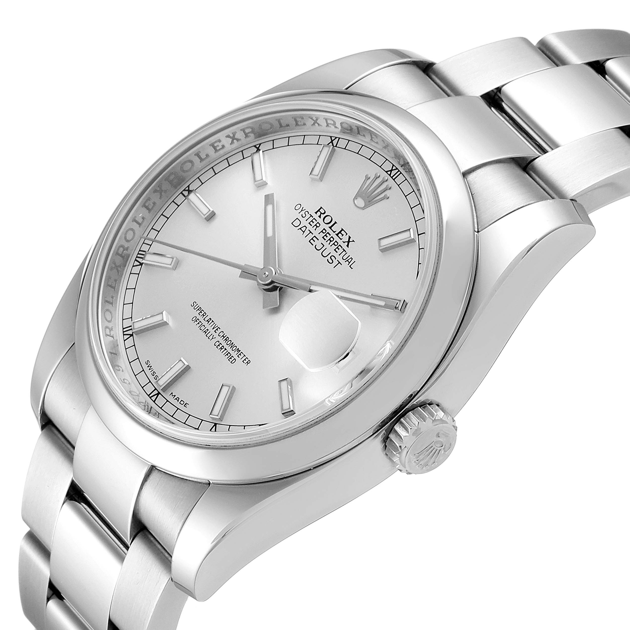 This is a close-up side angle of a Rolex Datejust 116200 Men's Stainless Steel Silver Dial 116200 Men's Stainless Steel Silver Dial, showing the face, crown, and part of the bracelet.