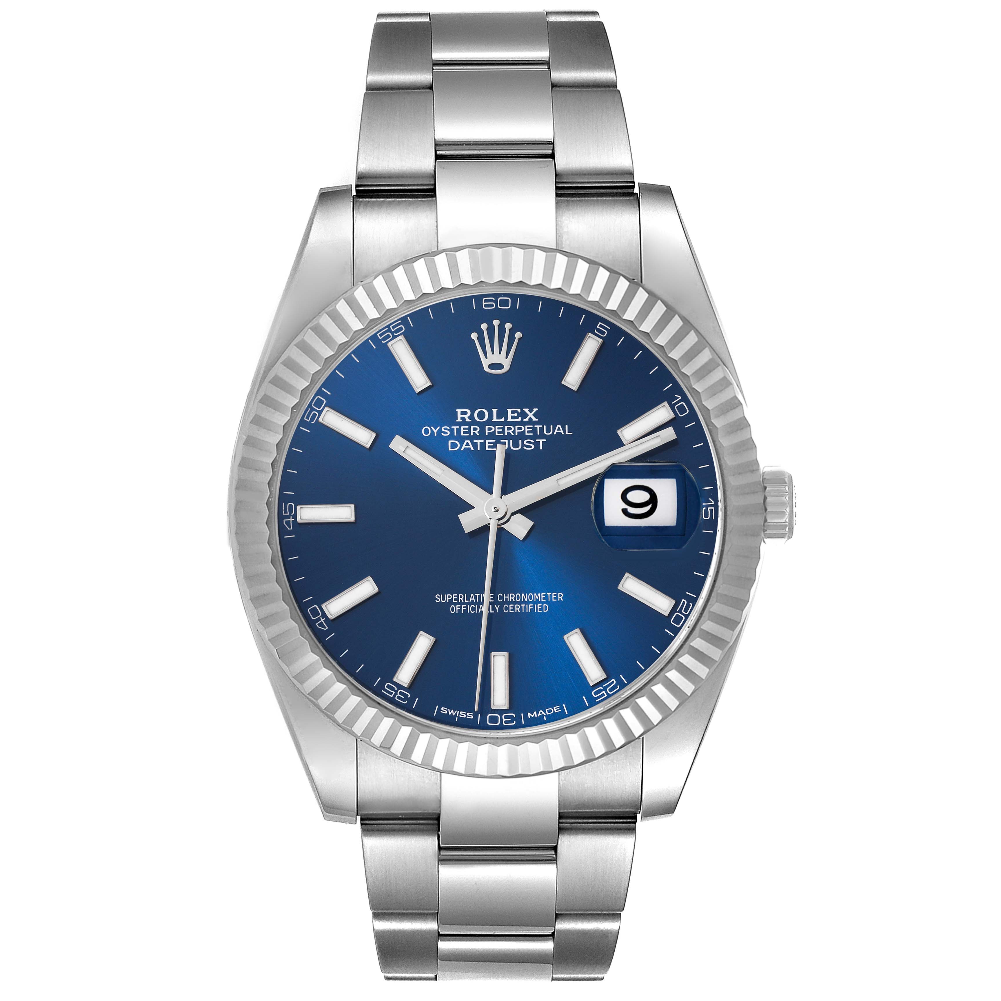 The Rolex Datejust 41 126334 Men's Stainless Steel Blue Dial 126334 Men's Stainless Steel Blue Dial is shown from a front angle, highlighting the blue dial, fluted bezel, and Oyster bracelet.