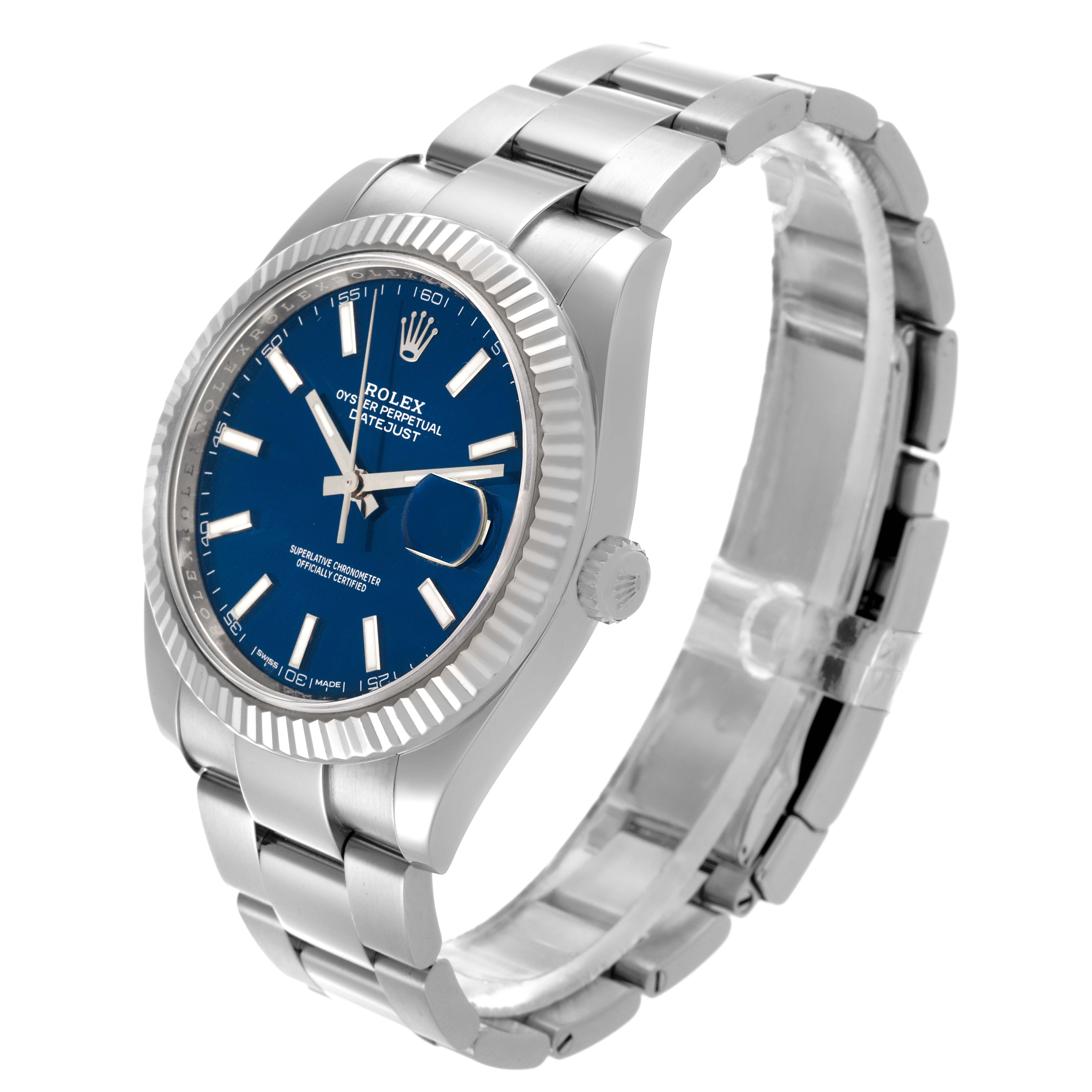 The Rolex Datejust 41 126334 Men's Stainless Steel Blue Dial 126334 Men's Stainless Steel Blue Dial watch is shown at a three-quarter angle, displaying the face, bracelet, and fluted bezel.