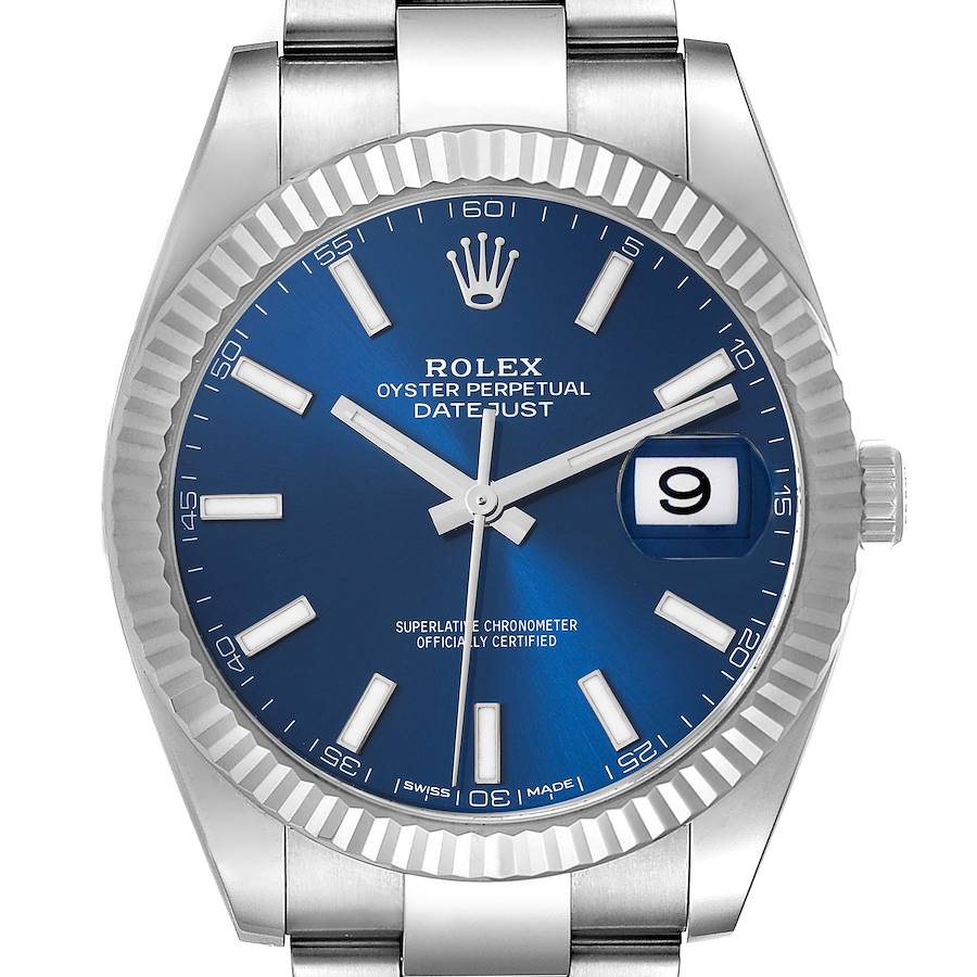 The Rolex Datejust 41 is shown from a front view, highlighting the blue dial, fluted bezel, and date window.