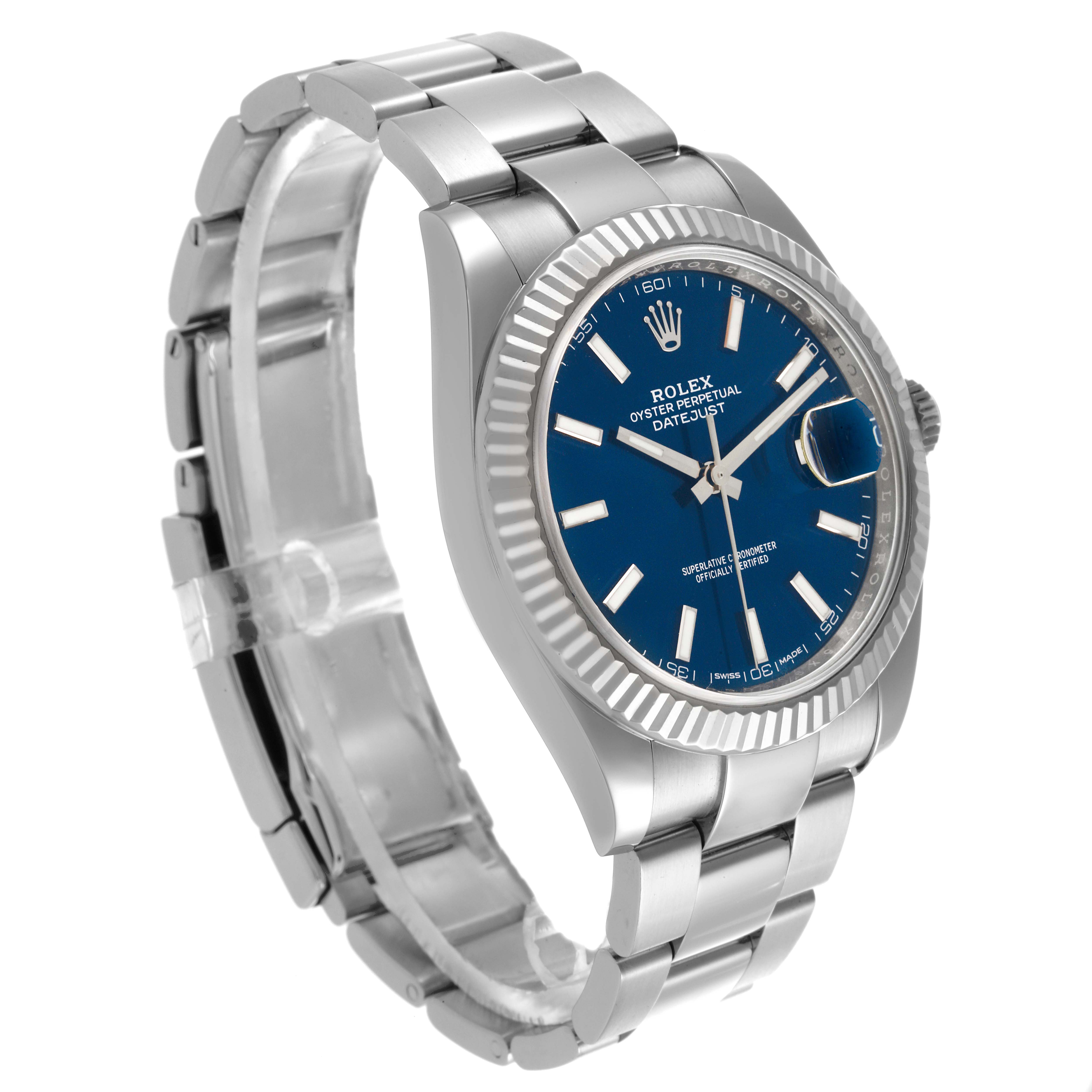The Rolex Datejust 41 126334 Men's Stainless Steel Blue Dial 126334 Men's Stainless Steel Blue Dial watch is shown at an angle highlighting its bezel, dial, and bracelet.